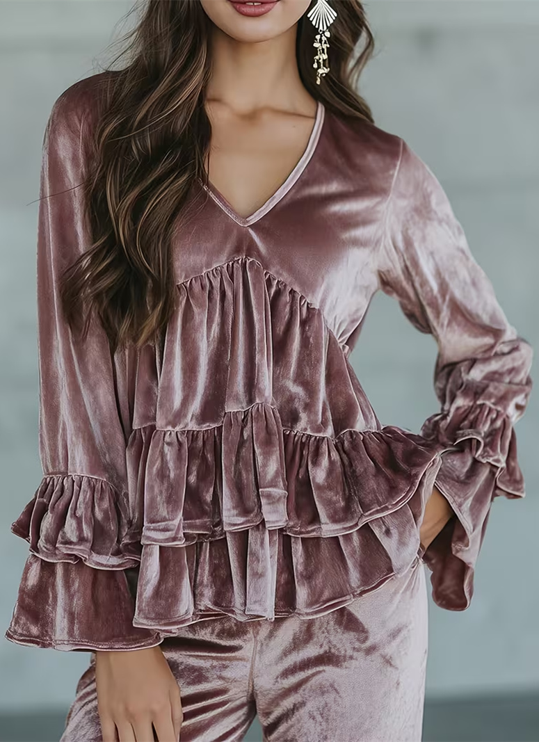 Chemise décontractée col V avec manches cloche froncées