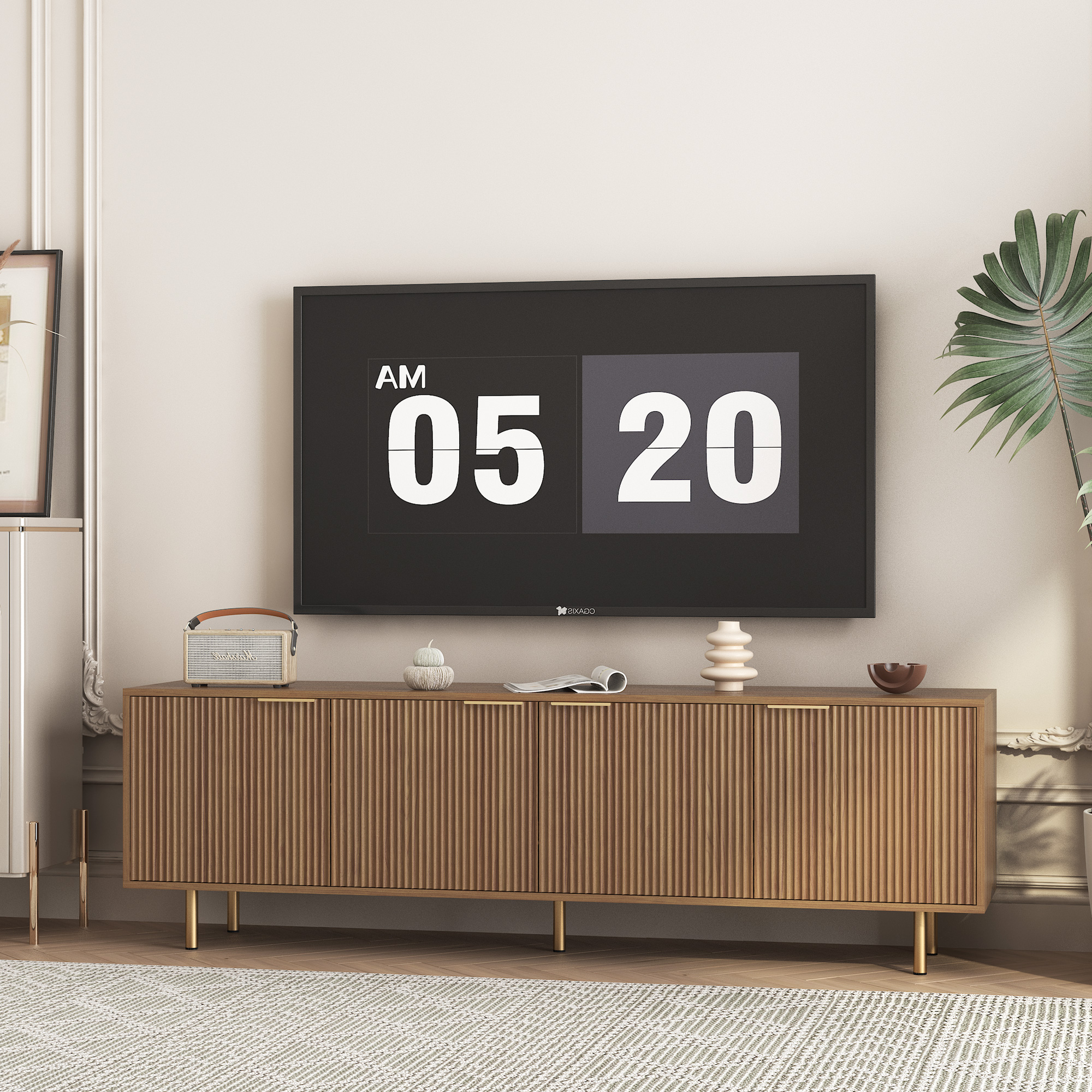 Meuble TV 68po cannelé bois portes rangement