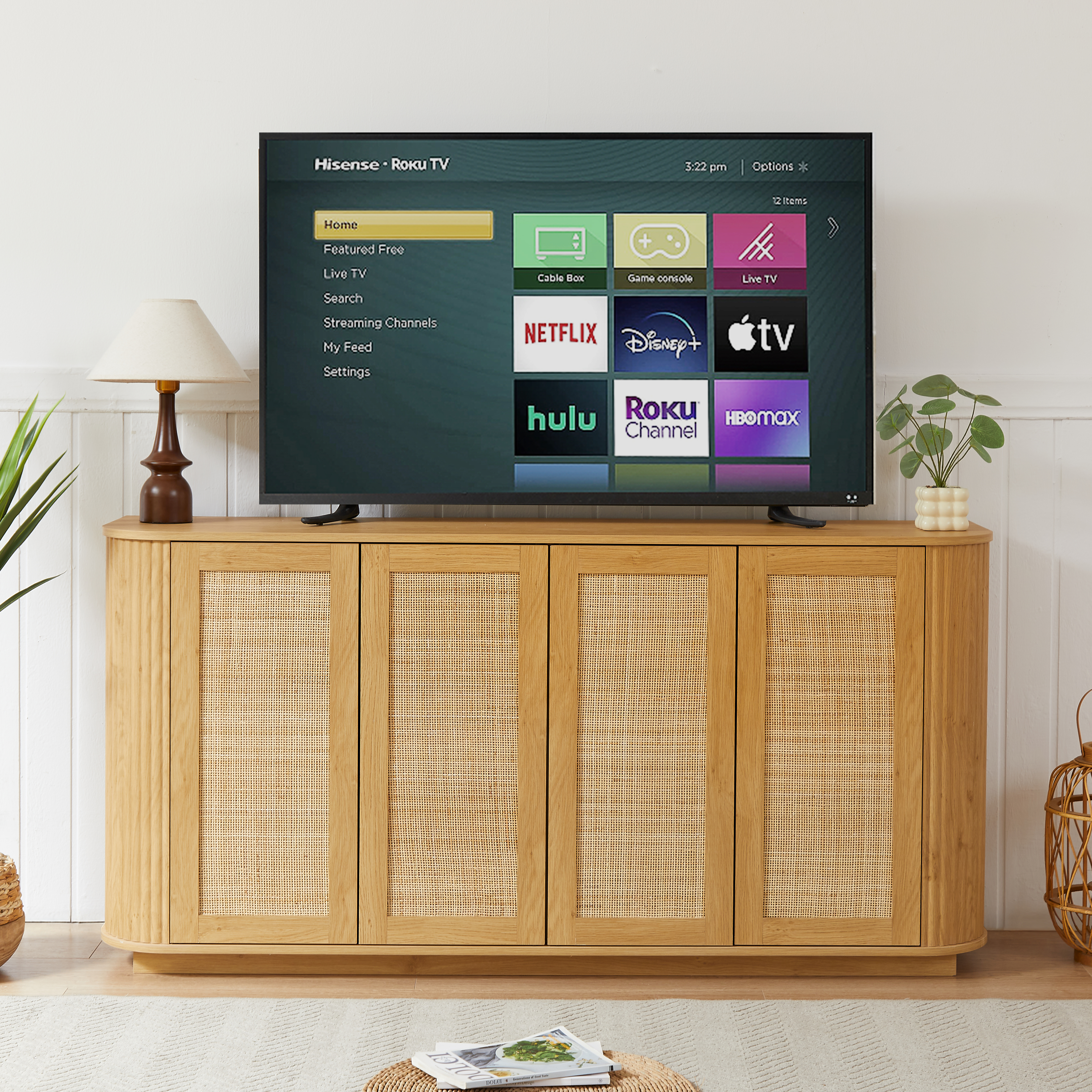 Meuble TV 64" portes rotin rayures bois naturel