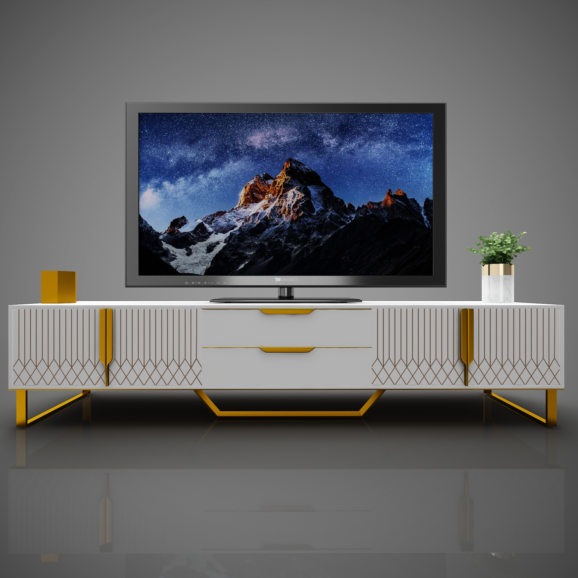Meuble TV blanc avec rangement, Pieds métal