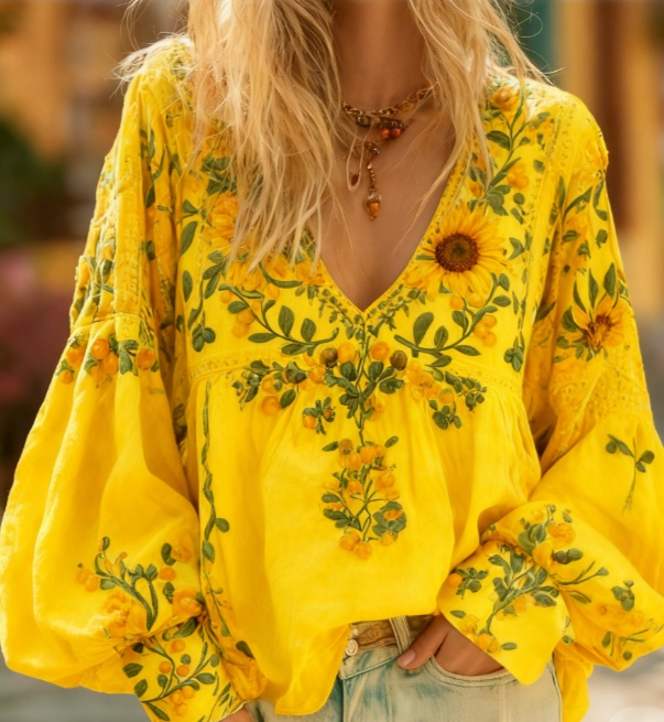 Chemise femme casual col V manches bouffantes broderie