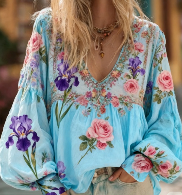 Haut col V volants broderie florale