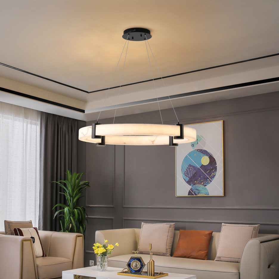 Lustre pendant LED rond 24po, hauteur ajustable, fini marbre, salle à manger