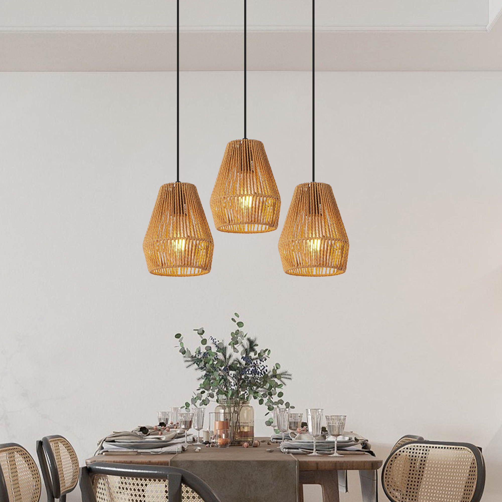 Lampe suspendue corde chanvre 7" ensemble 3, ferme, îlot