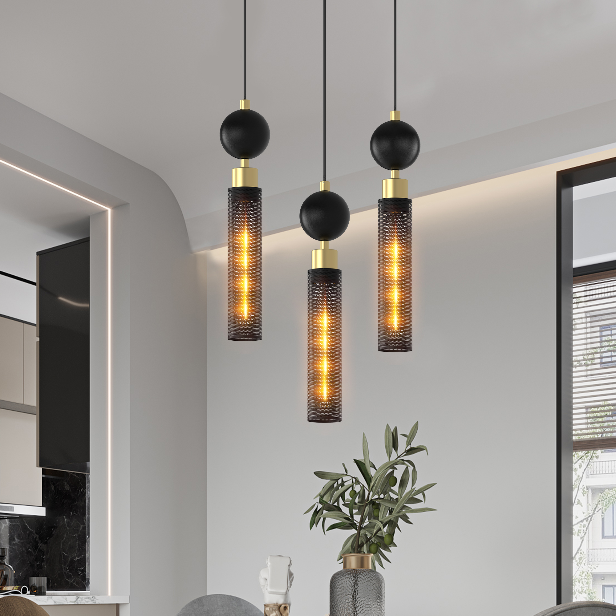 Suspension fer forgé noir, cordon ajustable, îlot cuisine