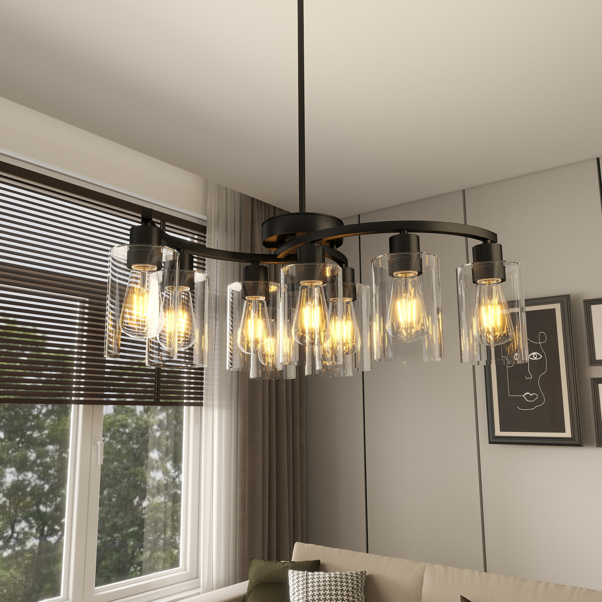 Lustre 9 lumières noir moderne cuisine chambre verre transparent noir