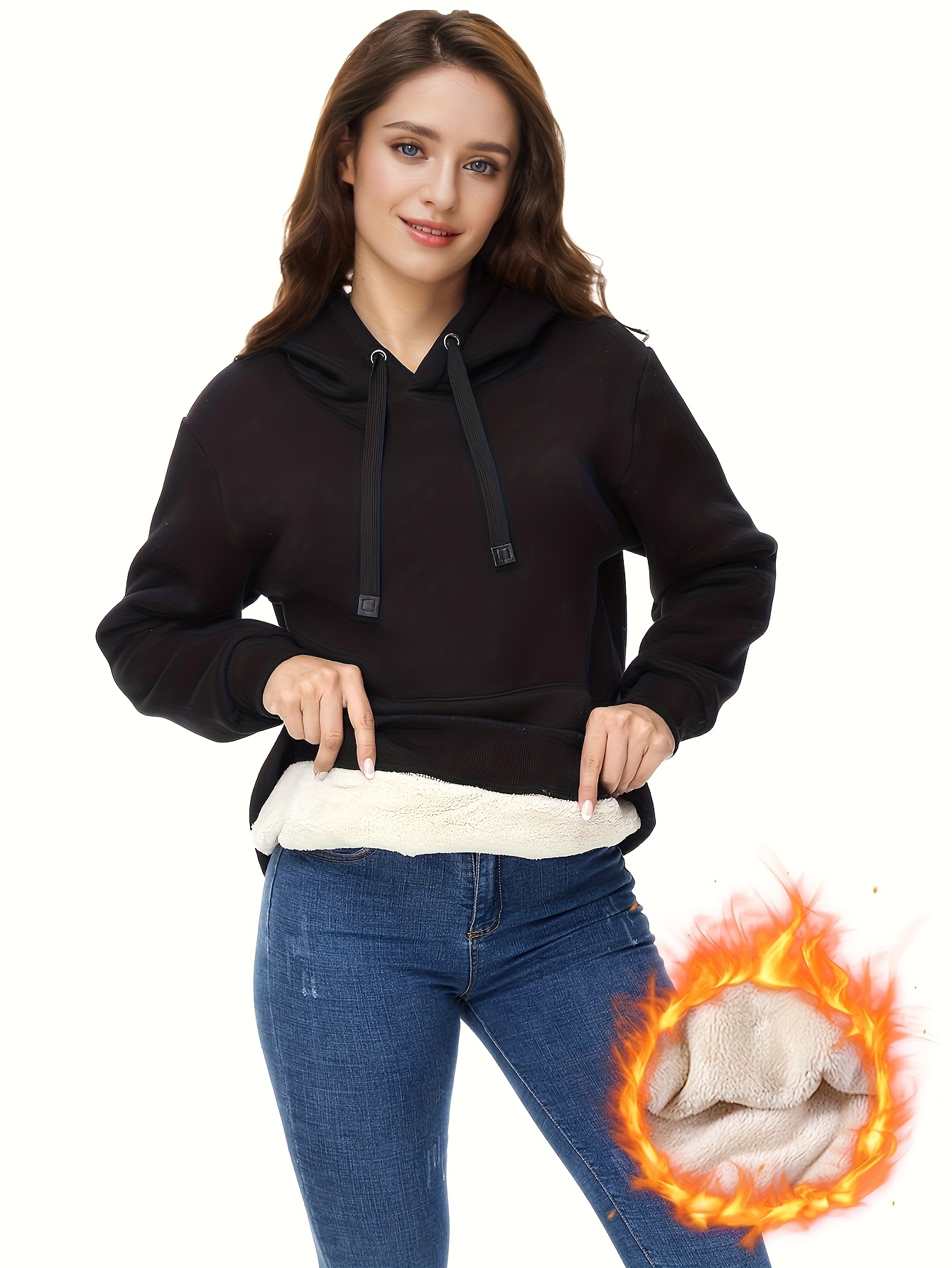 Hoodie velours femme couleur unie cordon réglable automne