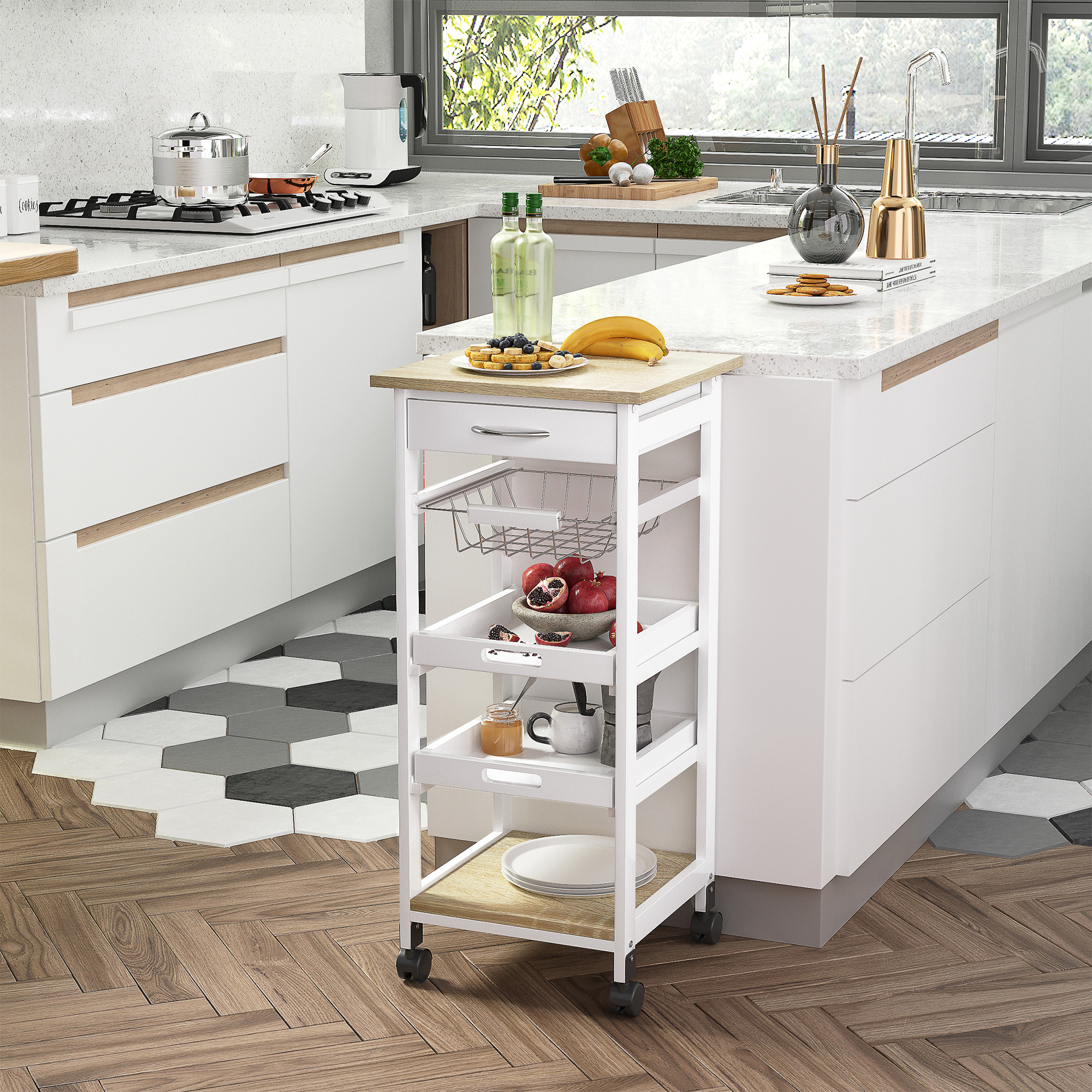Îlot cuisine roulant bois blanc rangement paniers