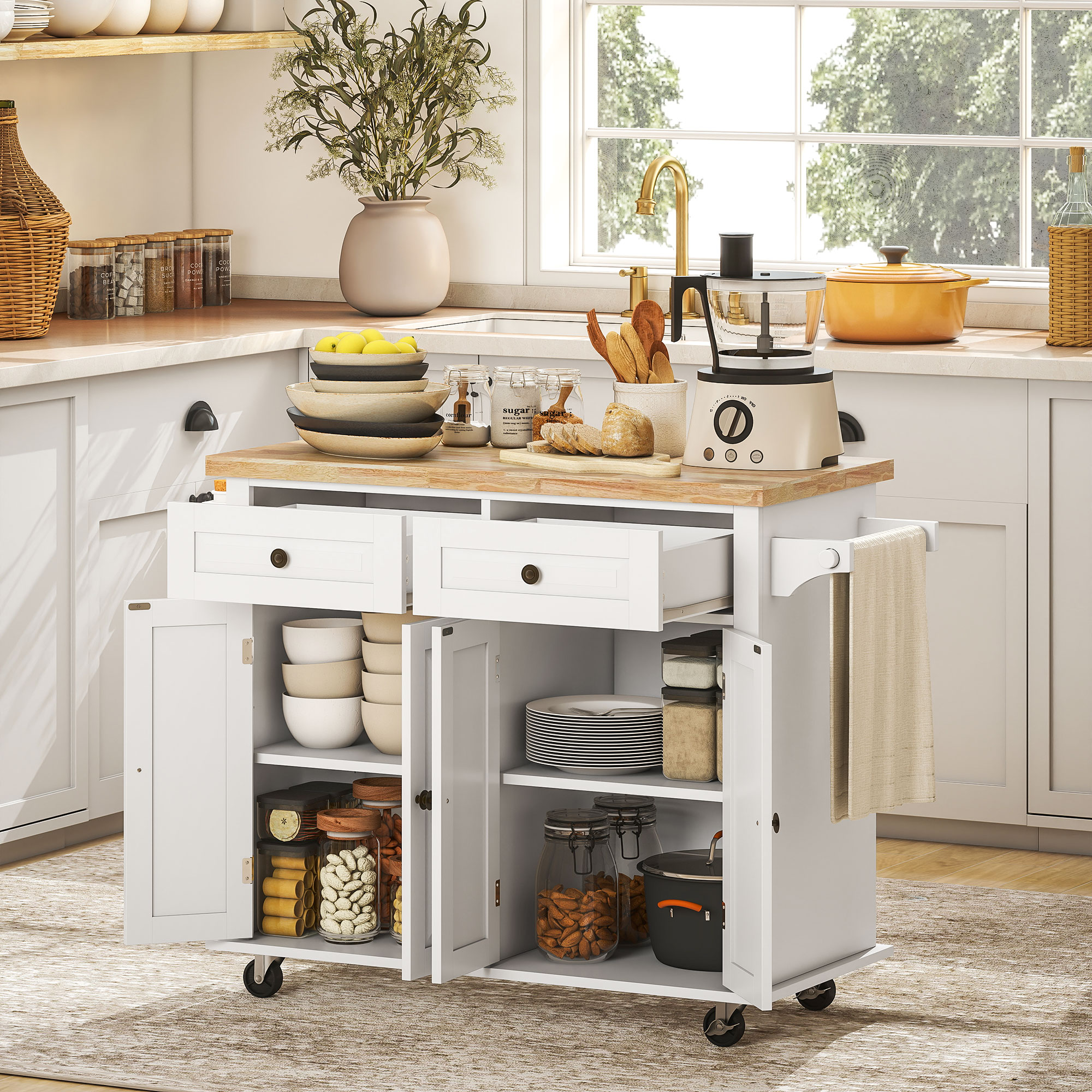 Îlot cuisine mobile 44po, rangement, 2 tiroirs, blanc