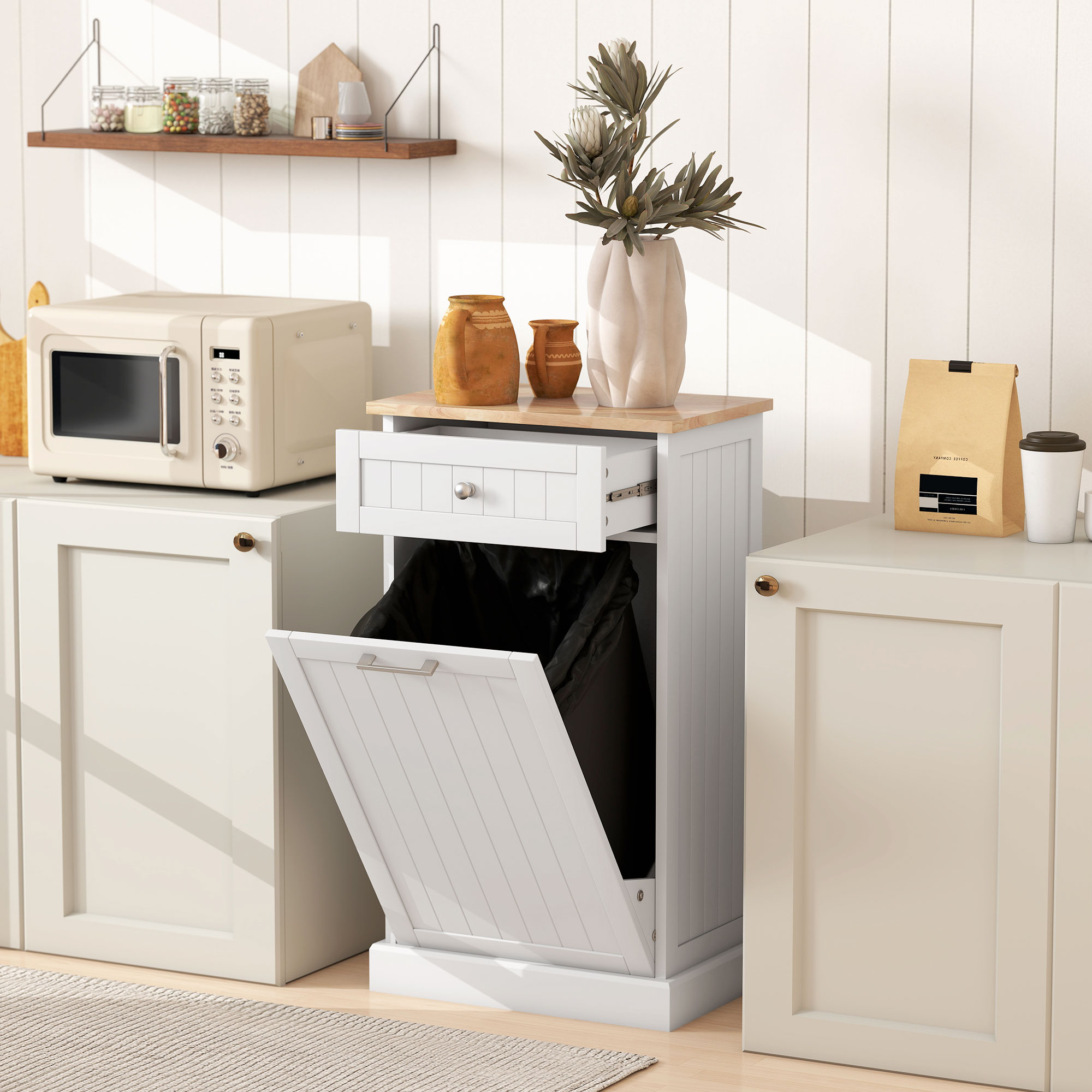 Poubelle cachée 10 gal, bois, rangement cuisine, blanc