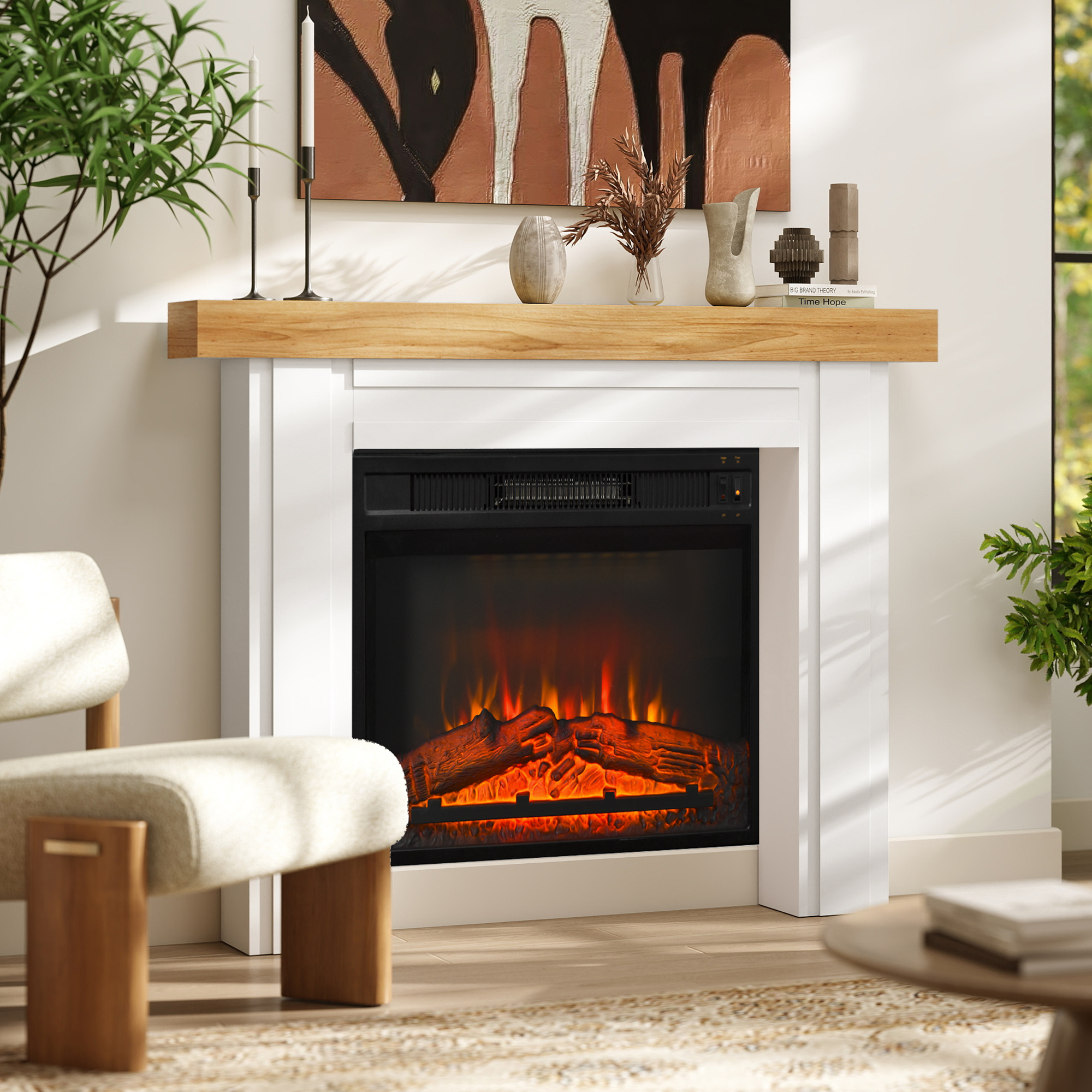 Foyer électrique modern 51,2"L x 40,6"H bois naturel