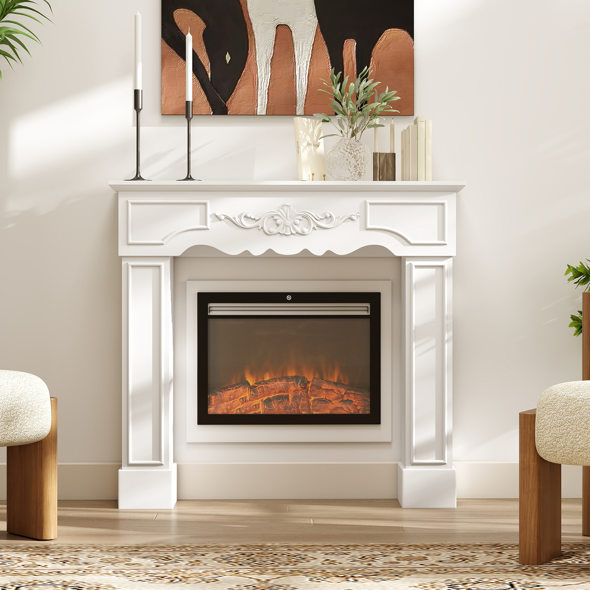 Foyer électrique Baroque 43,3"L x 39,8"H blanc
