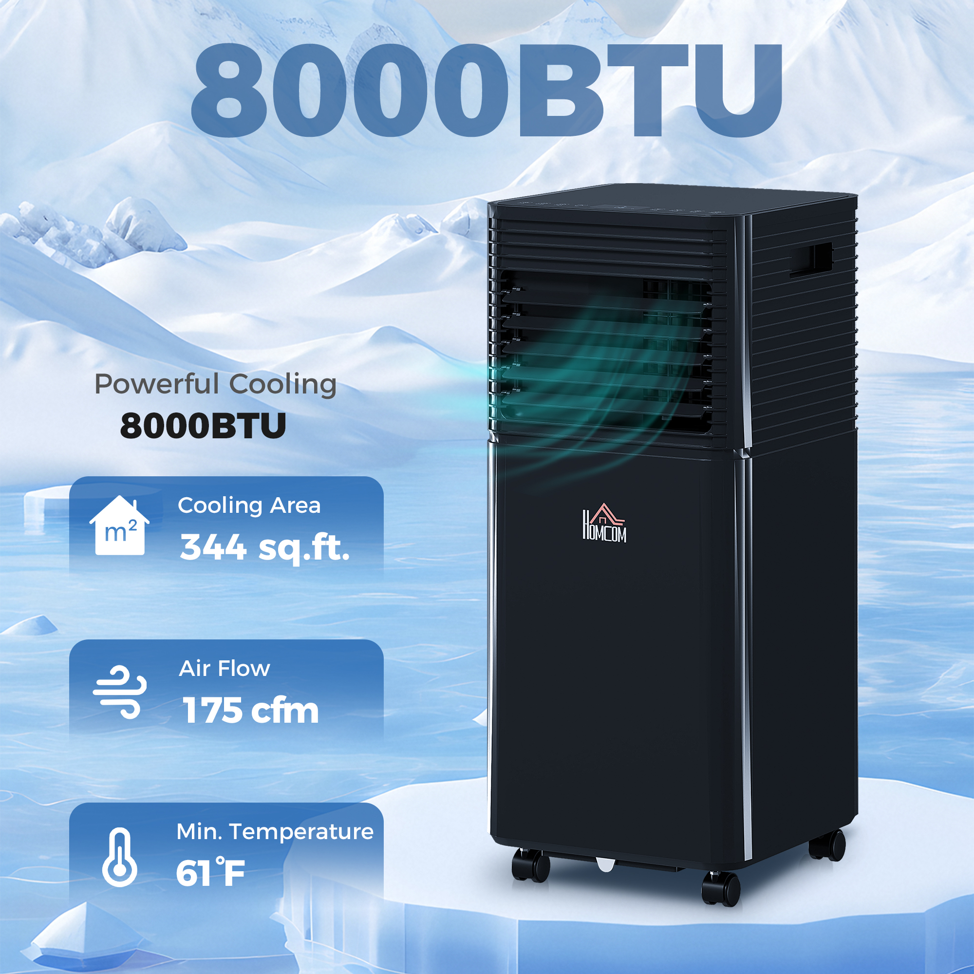 Climatiseur portable 8000 BTU, déshumidificateur, minuterie 24h, noir