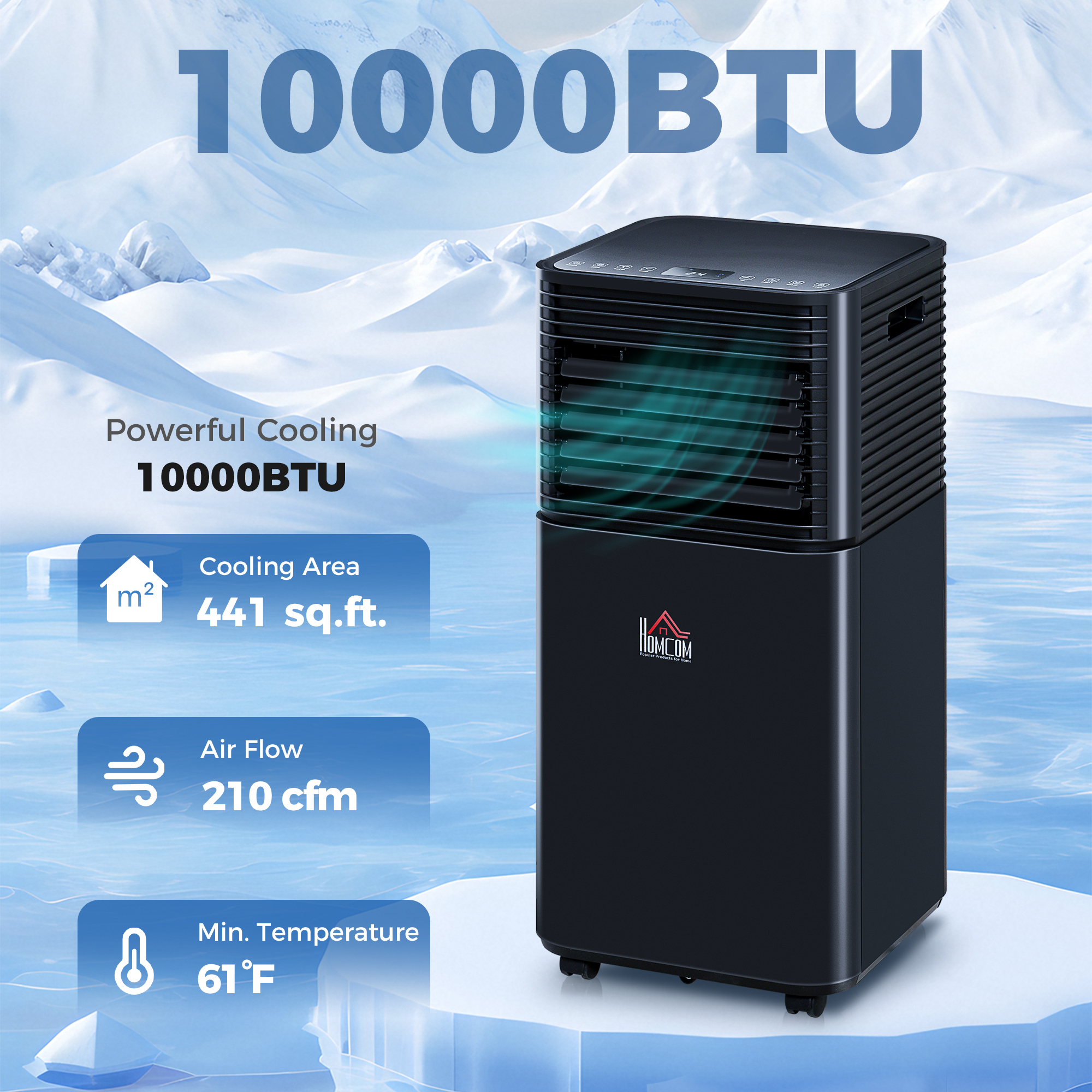 Climatiseur portatif 10000 BTU, déshumidificateur, minuteur 24h, noir