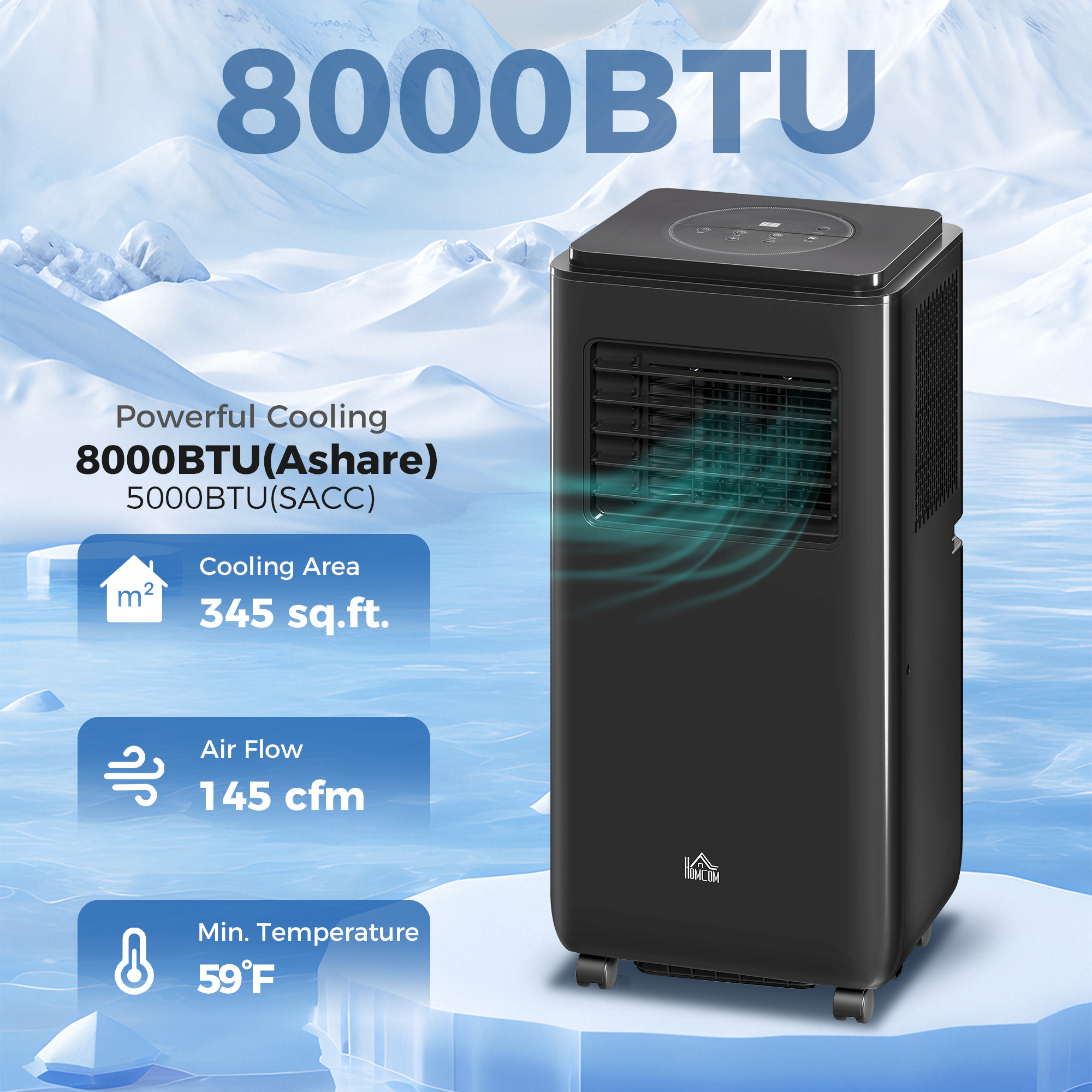 Climatiseur mobile 8000 BTU déshumidificateur minuteur 24h, noir