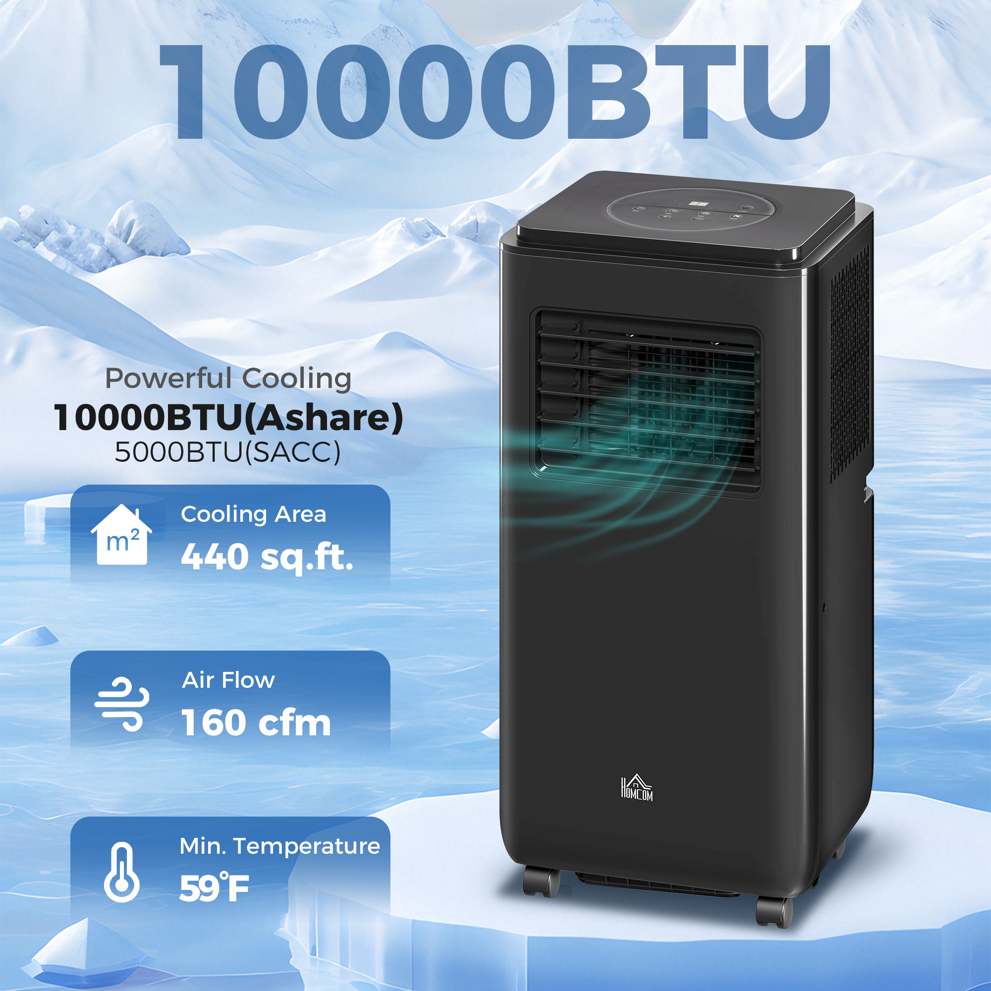 Climatiseur mobile 10 000 BTU, 440 pi², déshumidificateur, minuteur 24H