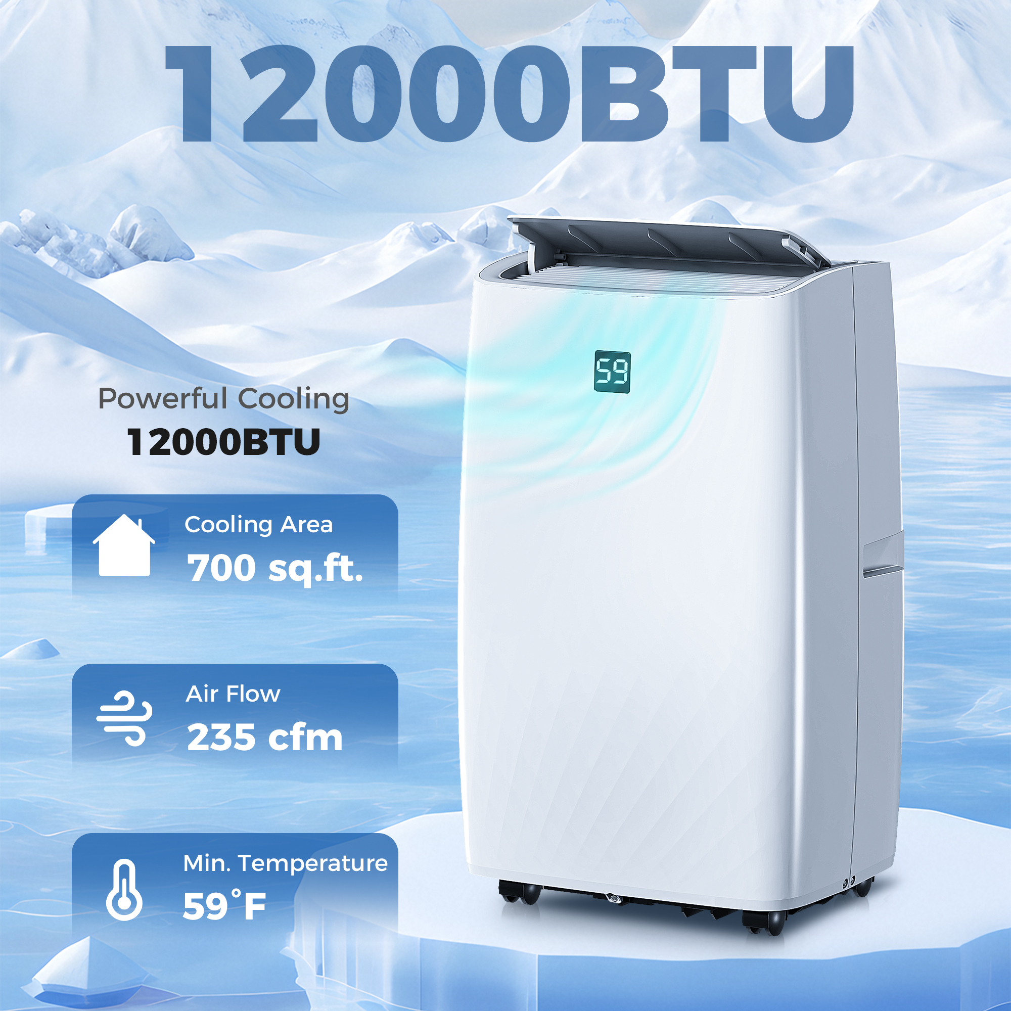 Climatiseur portable 14000 BTU, déshumidificateur, minuteur