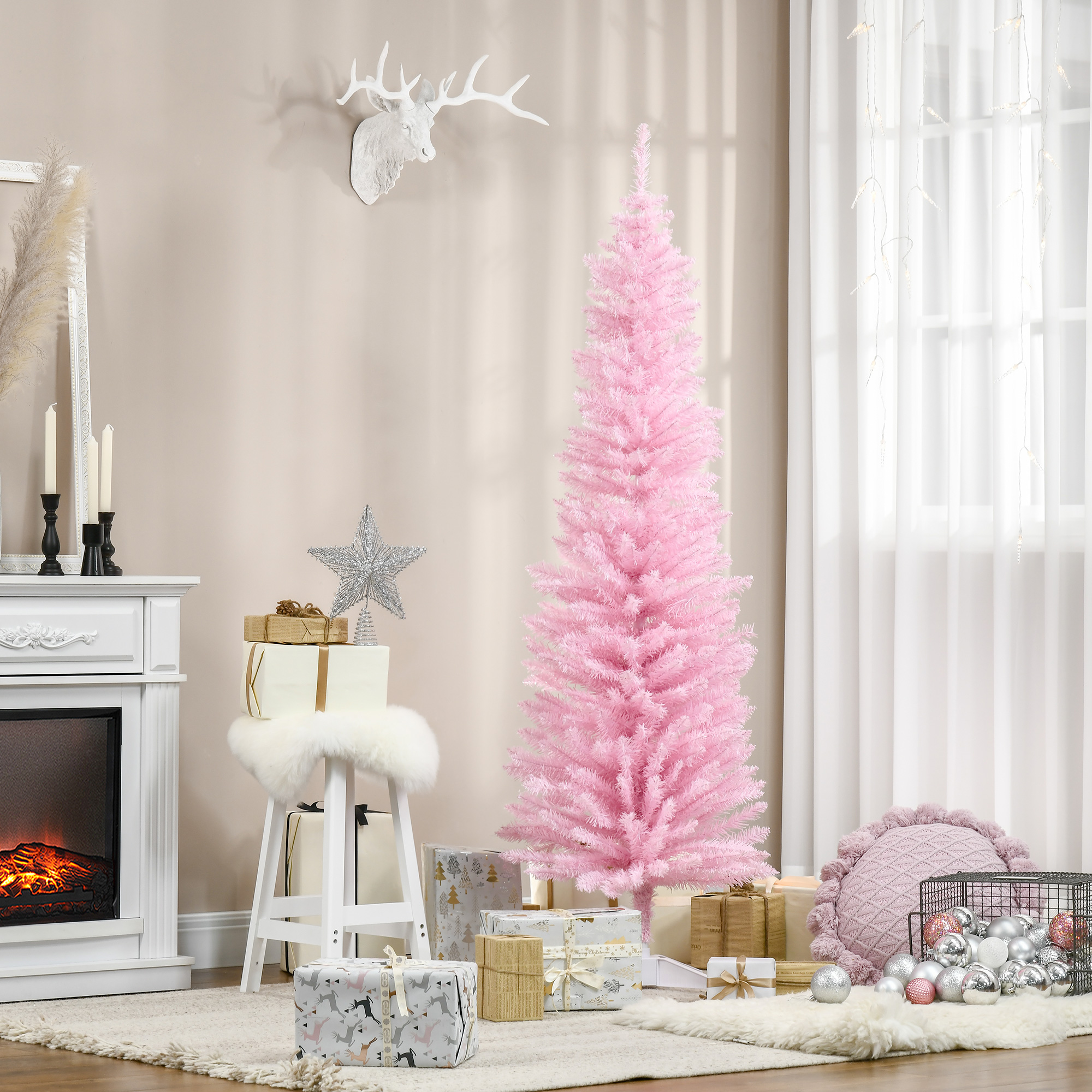 Sapin Noël artificiel 6' mince 390 branches rose