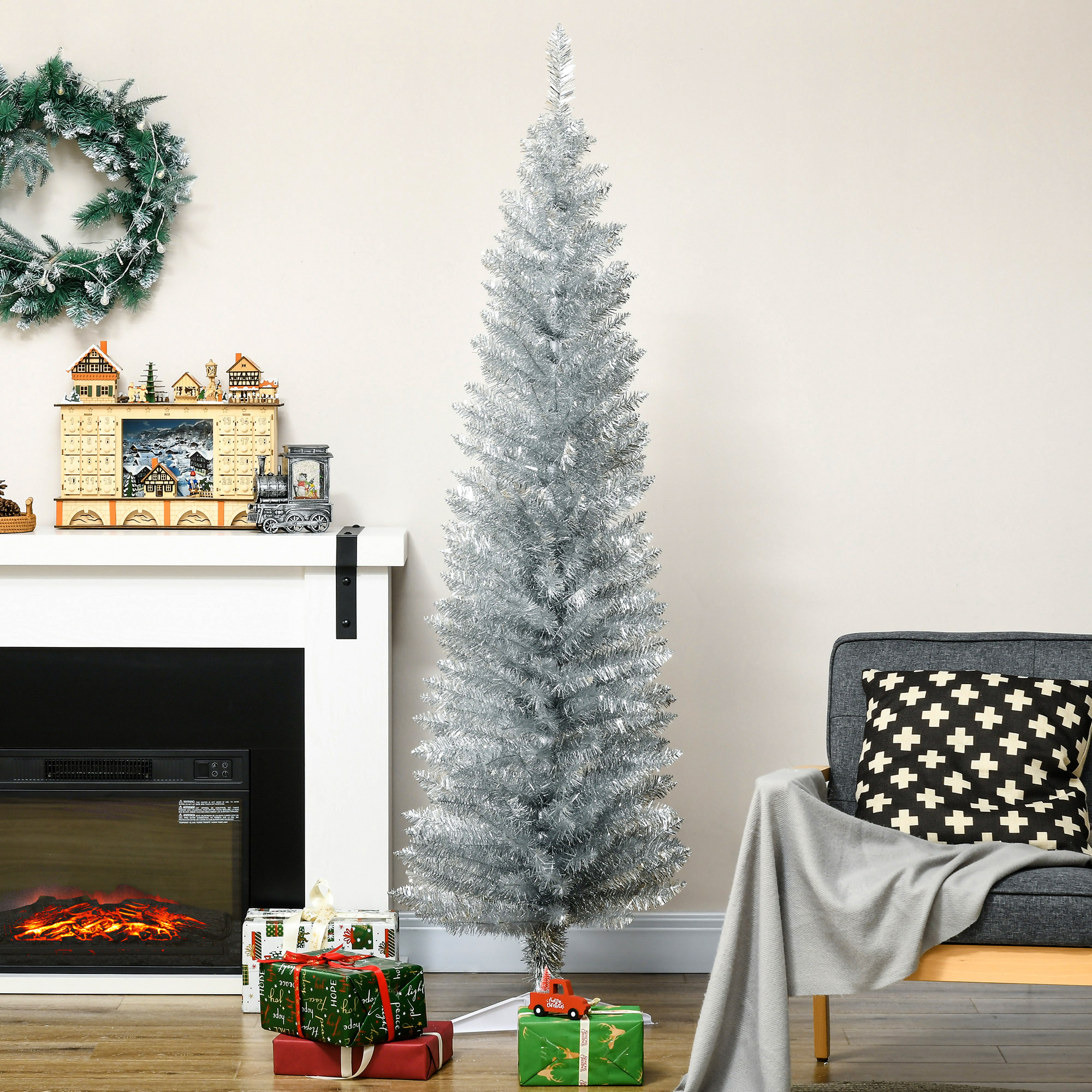 Sapin Noël artificiel crayon 6' 390 branches argent avec socle