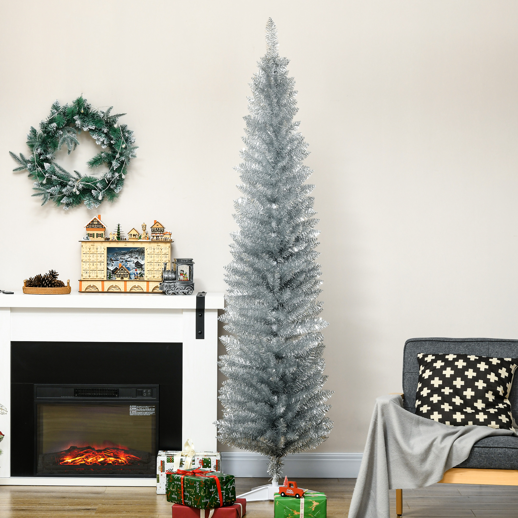 Sapin Noël pencil 7 pi, 499 branches, support plastique, argent