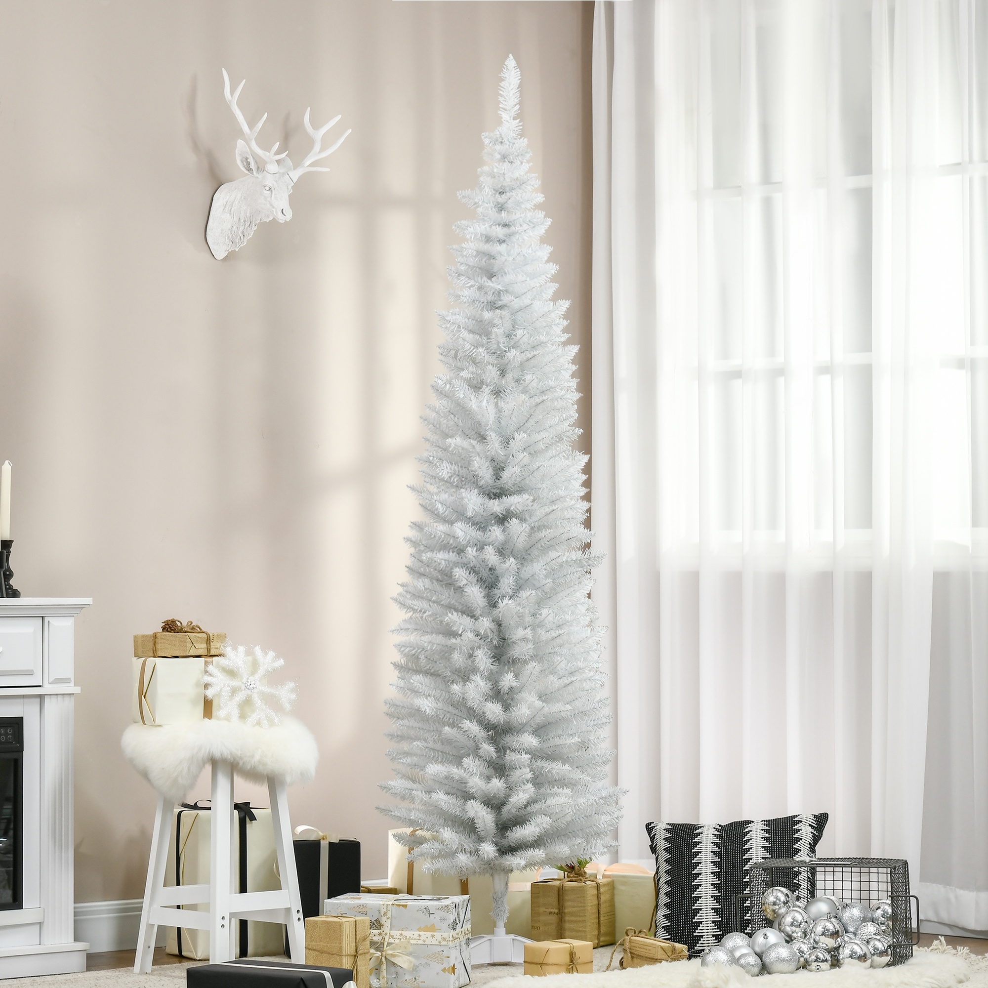 Sapin Noël artificiel crayon 7 pi blanc 499 branches base