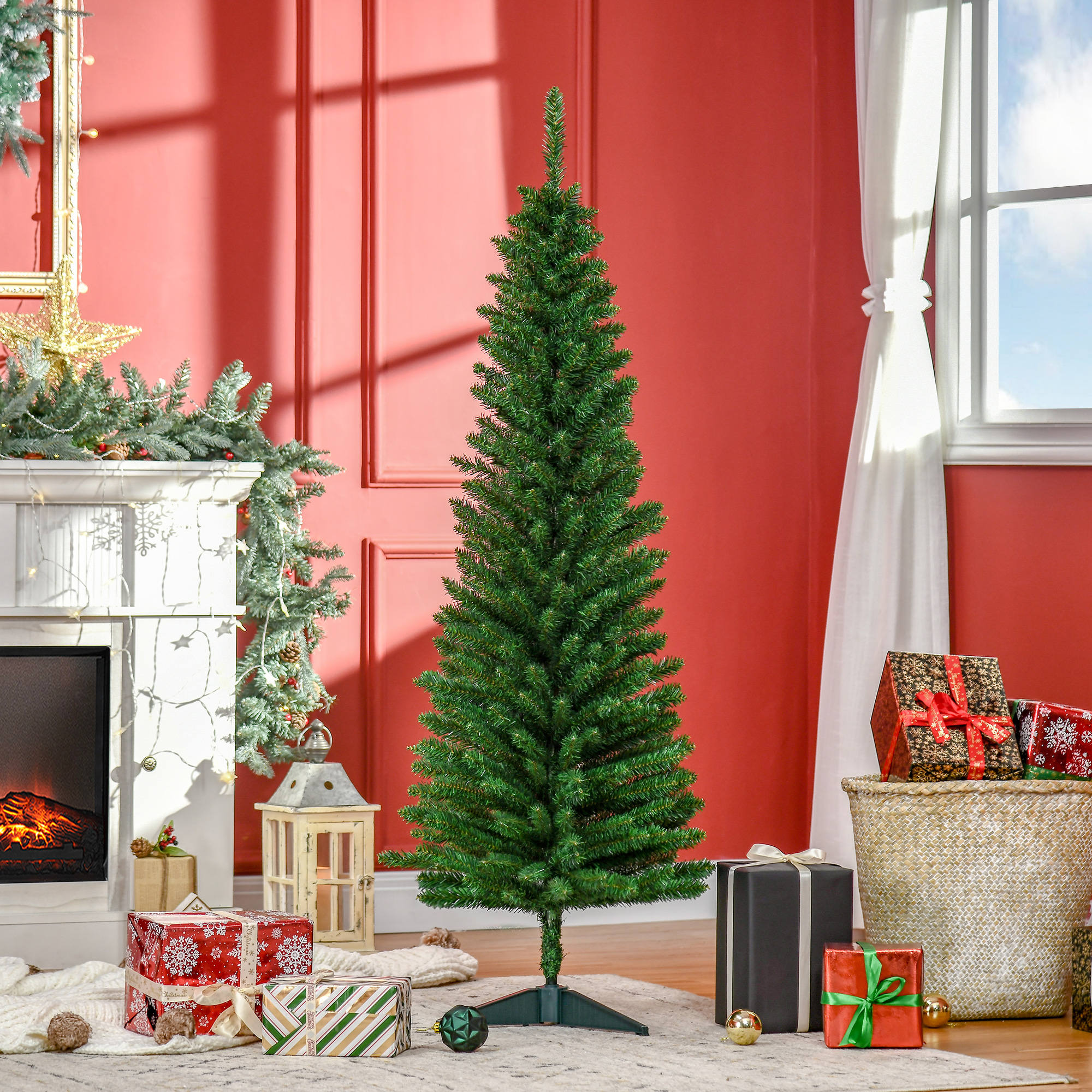 Sapin Noël artificiel 5pi mince 294 branches socle plastique vert