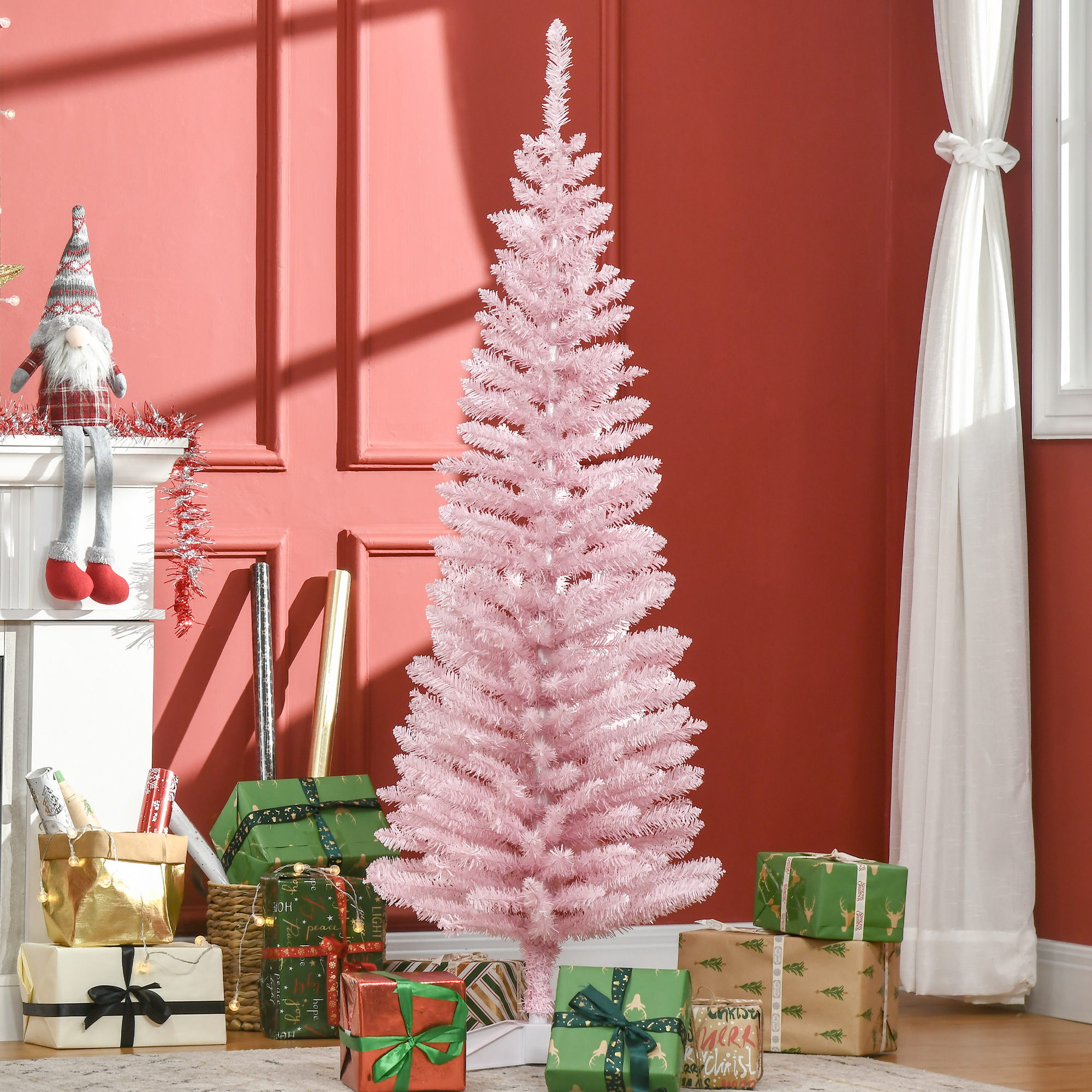 Sapin Noël mince 5' rose, 294 branches, pied plastique réaliste