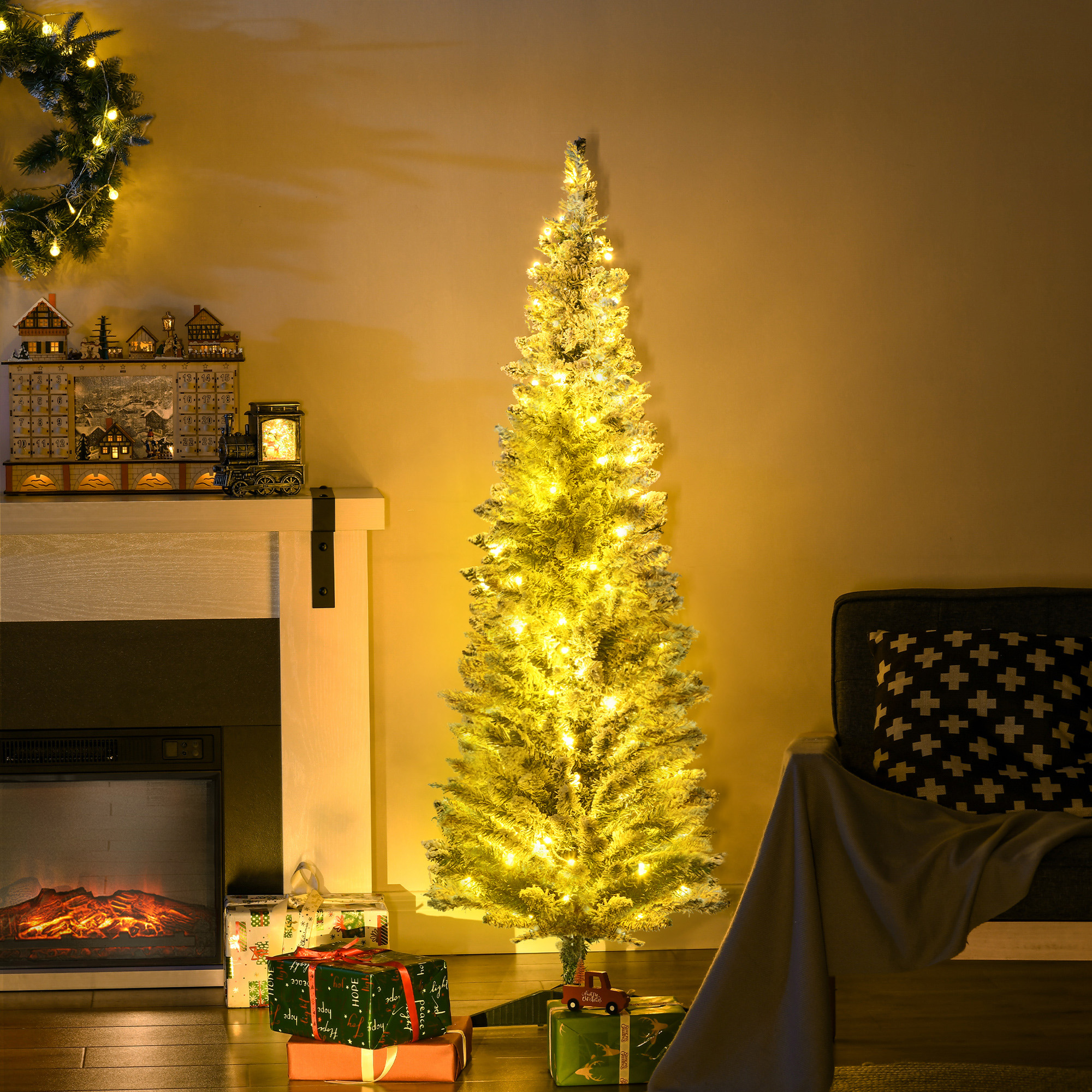 Sapin Noël mince 5pi, branches réalistes, lumières DEL blanc chaud