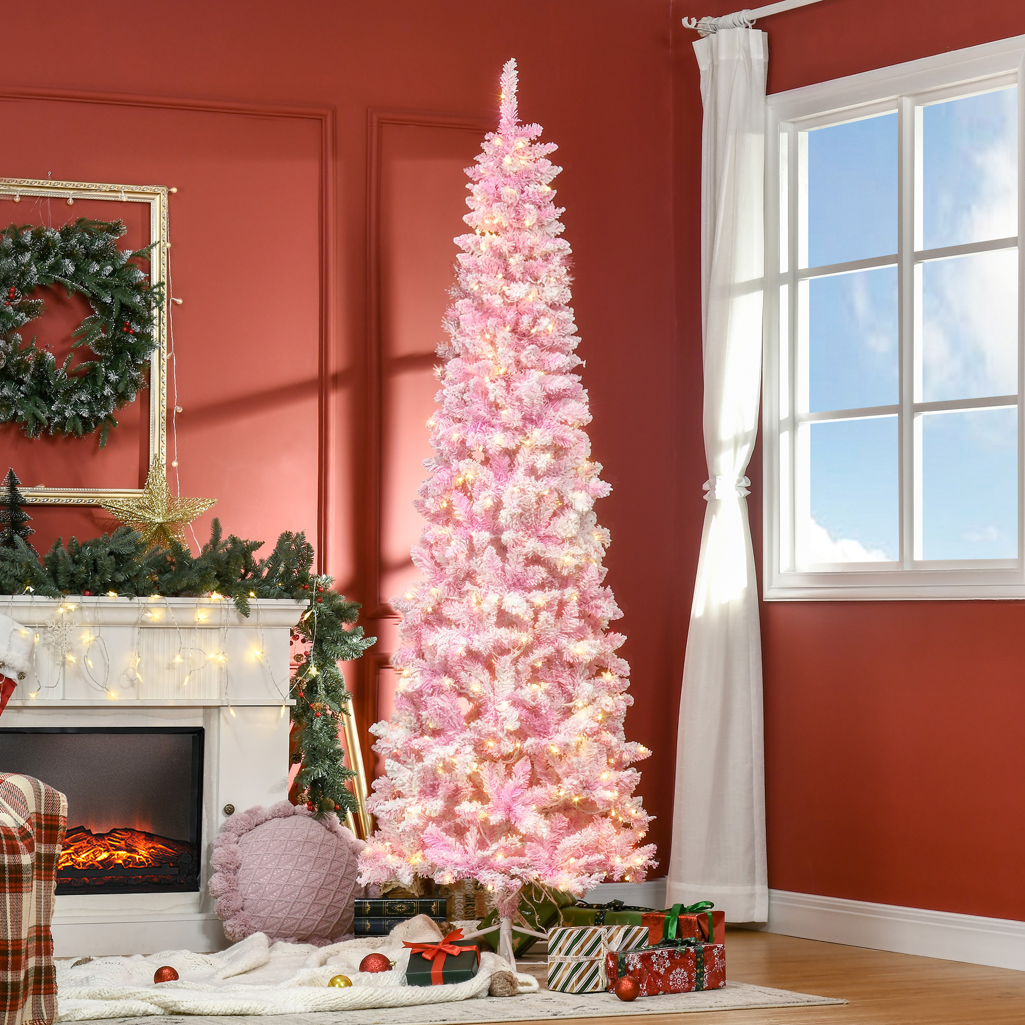 Sapin Noël artificiel 7,5pi neigeux LED blanc chaud rose