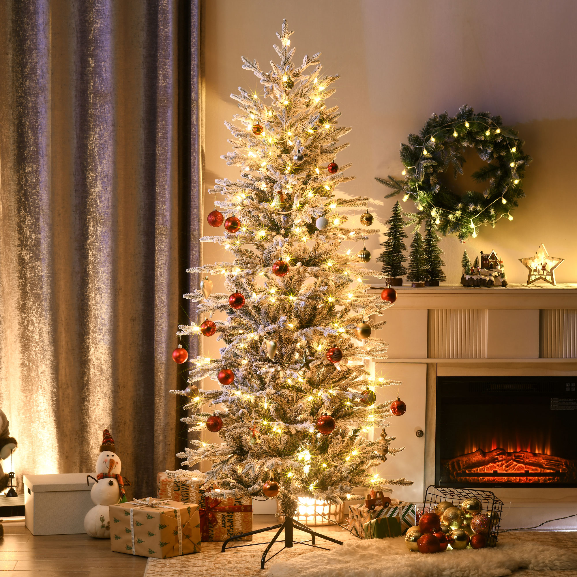 6 sapins Noël floqués DEL jaune clair auto-ouverture