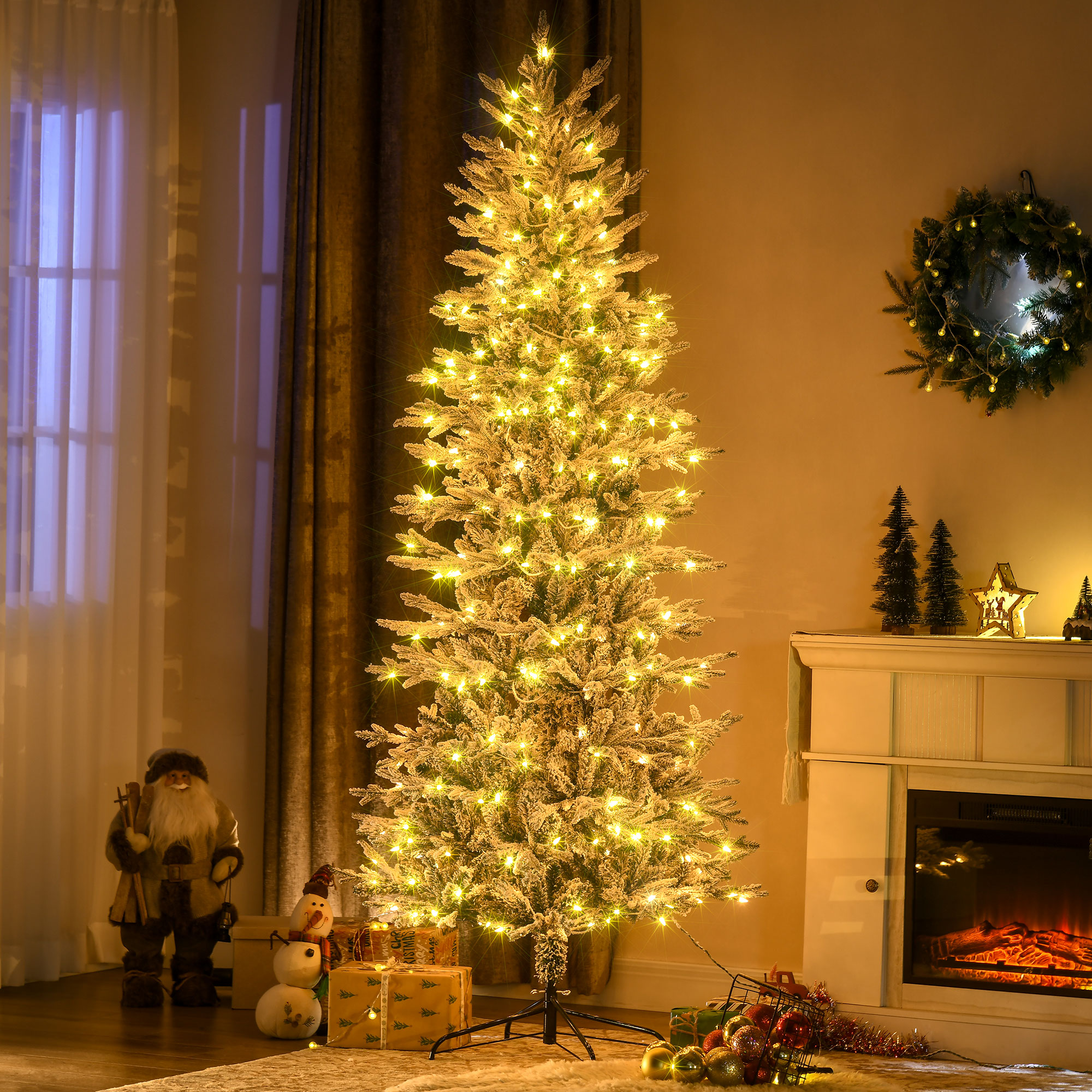 Sapin Noël artificiel 7,5pi pré-illuminé, branches neige, lumières chaudes