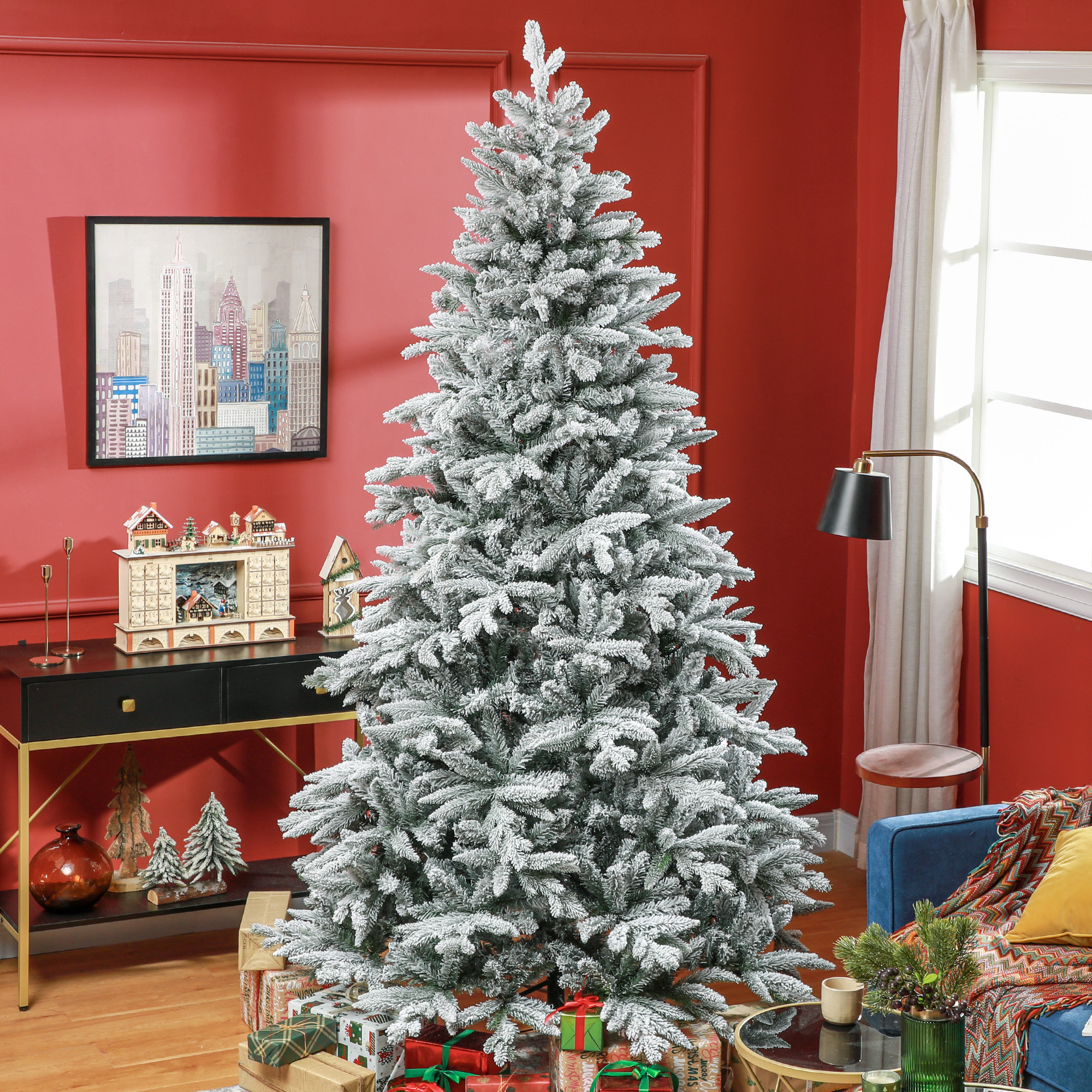 Sapin Noël artificiel 8pi, branches enneigées, assemblage facile