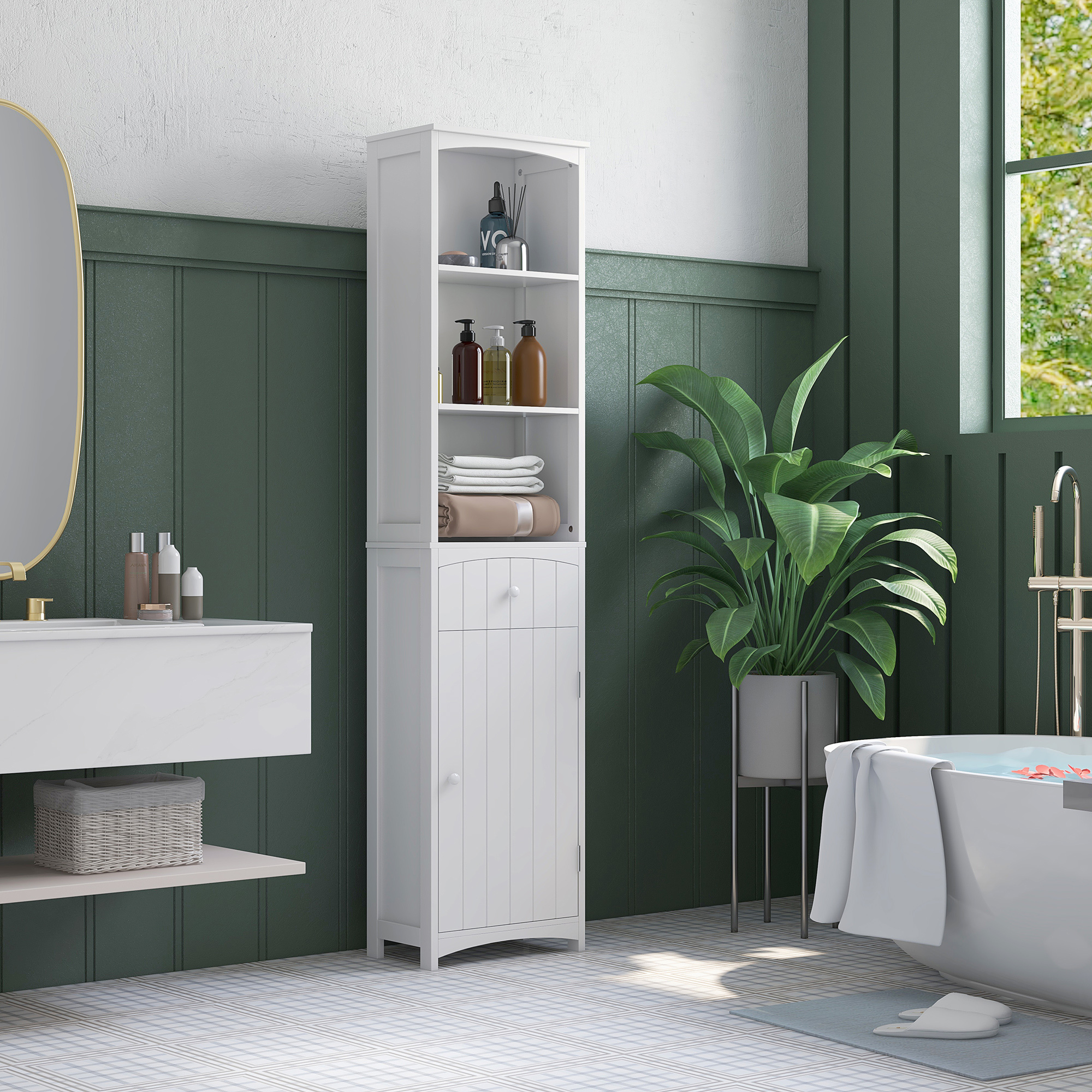 Armoire rangement salle de bain, tour linge 3 étages blanc tiroir
