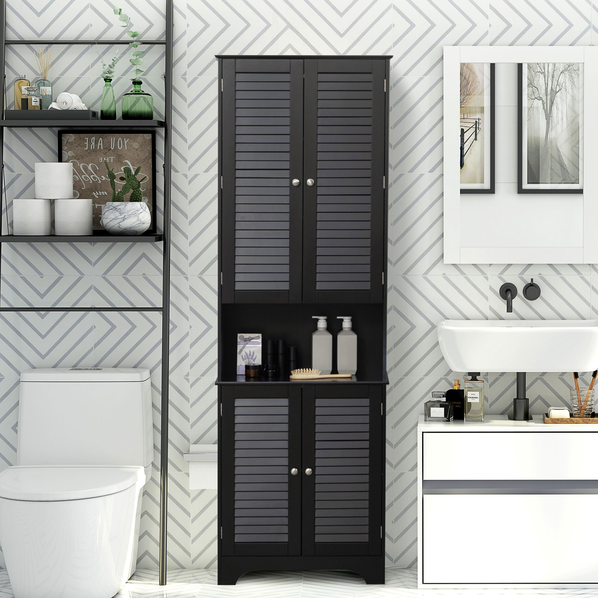 Armoire salle bain haute portes étagères ajustables noir
