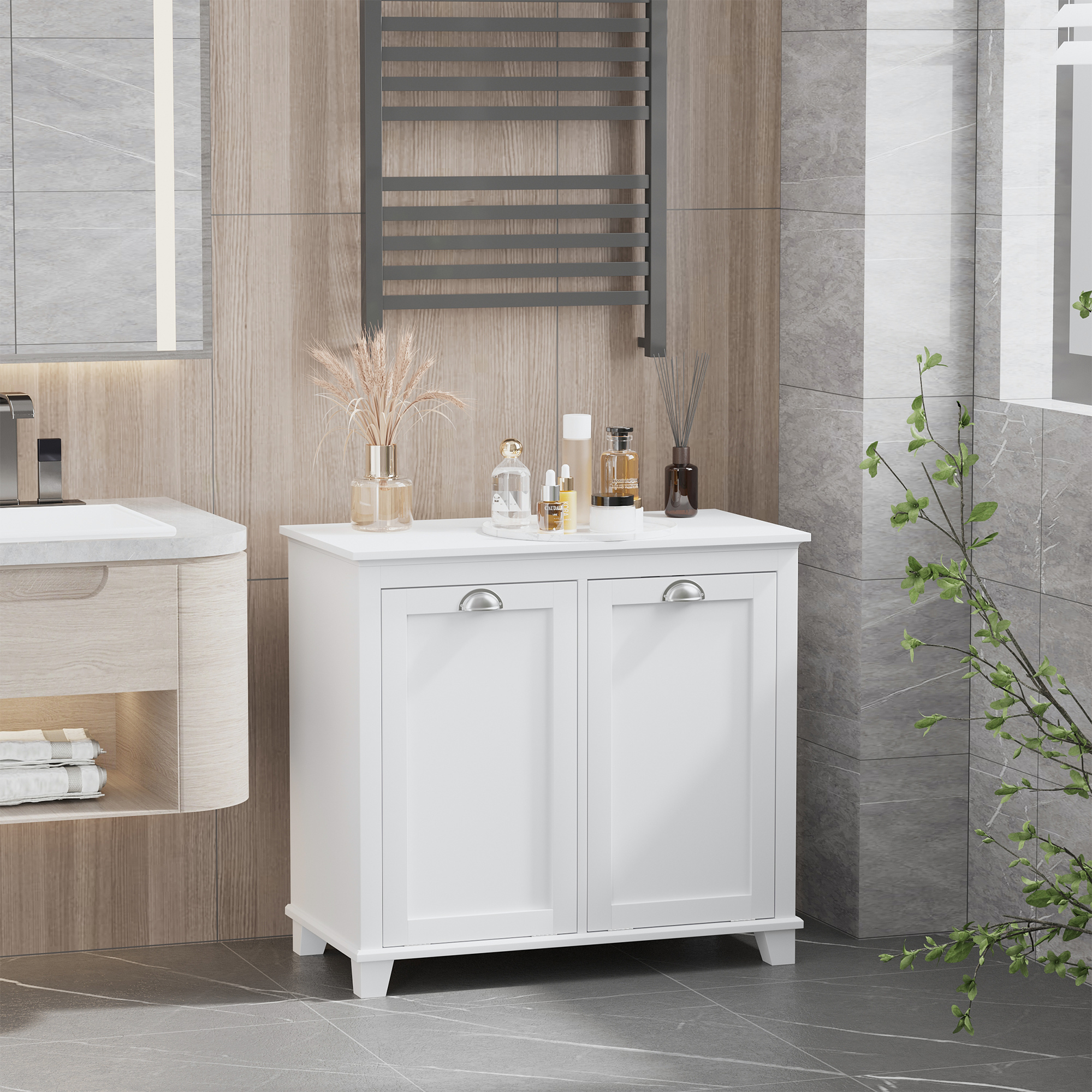 Meuble panier linge 2 compartiments salle bain blanc