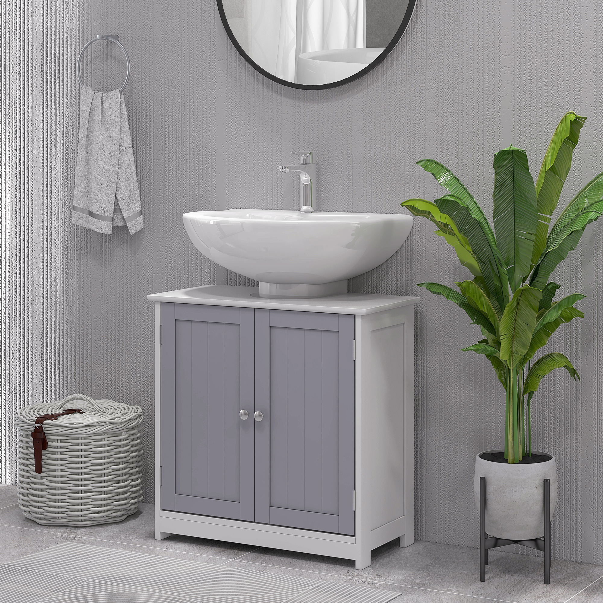 Vanité salle bain grise blanche retrait U
