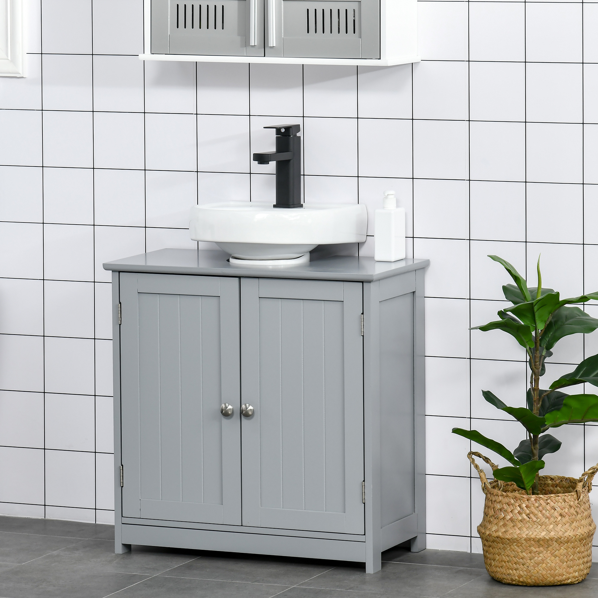 Vanité de salle de bain, armoire lavabo, découpe U, tablette ajustable, gris