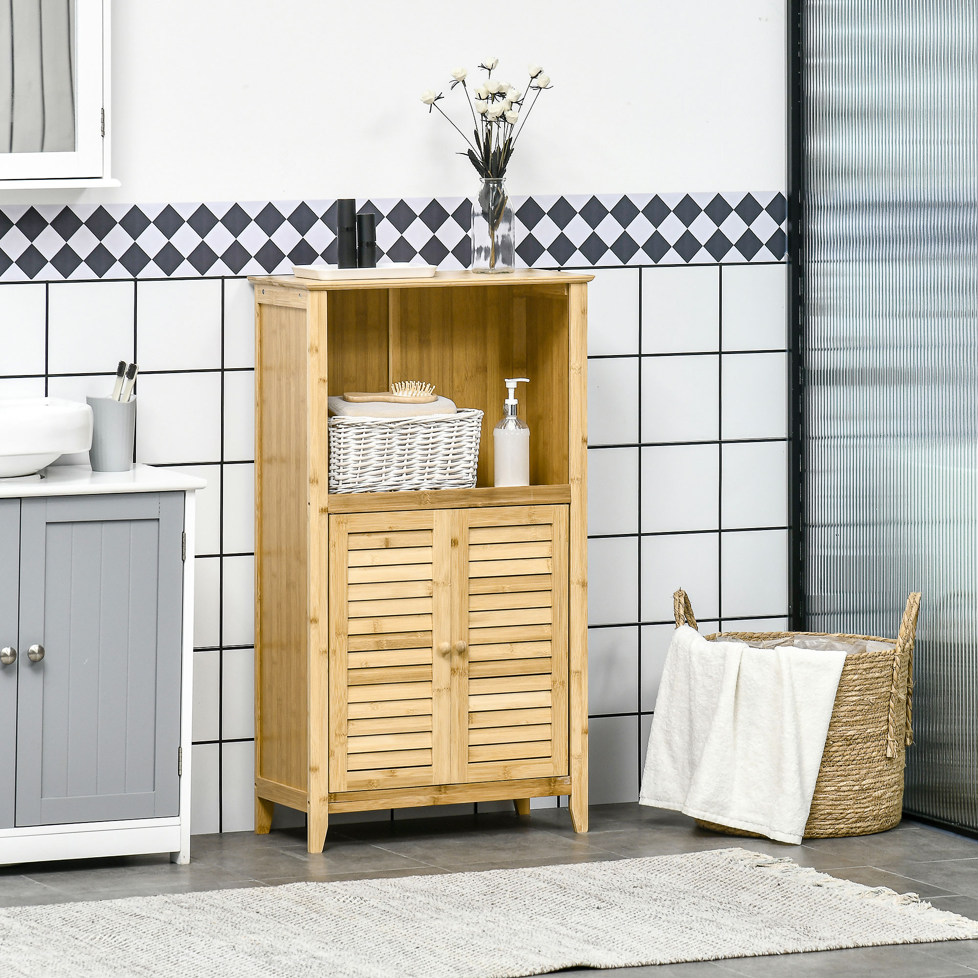 Armoire Salle Bain Bambou Rangement Étages Portes Naturel