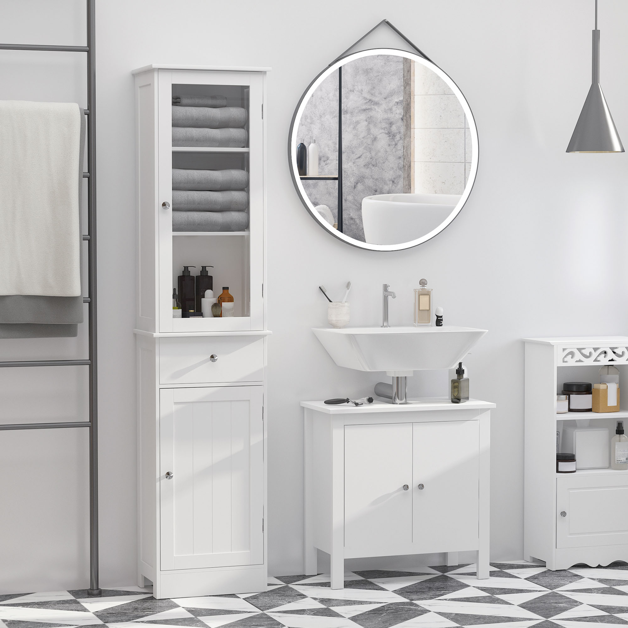 Cabinet rangement salle bain blanc mince haut tour linge porte