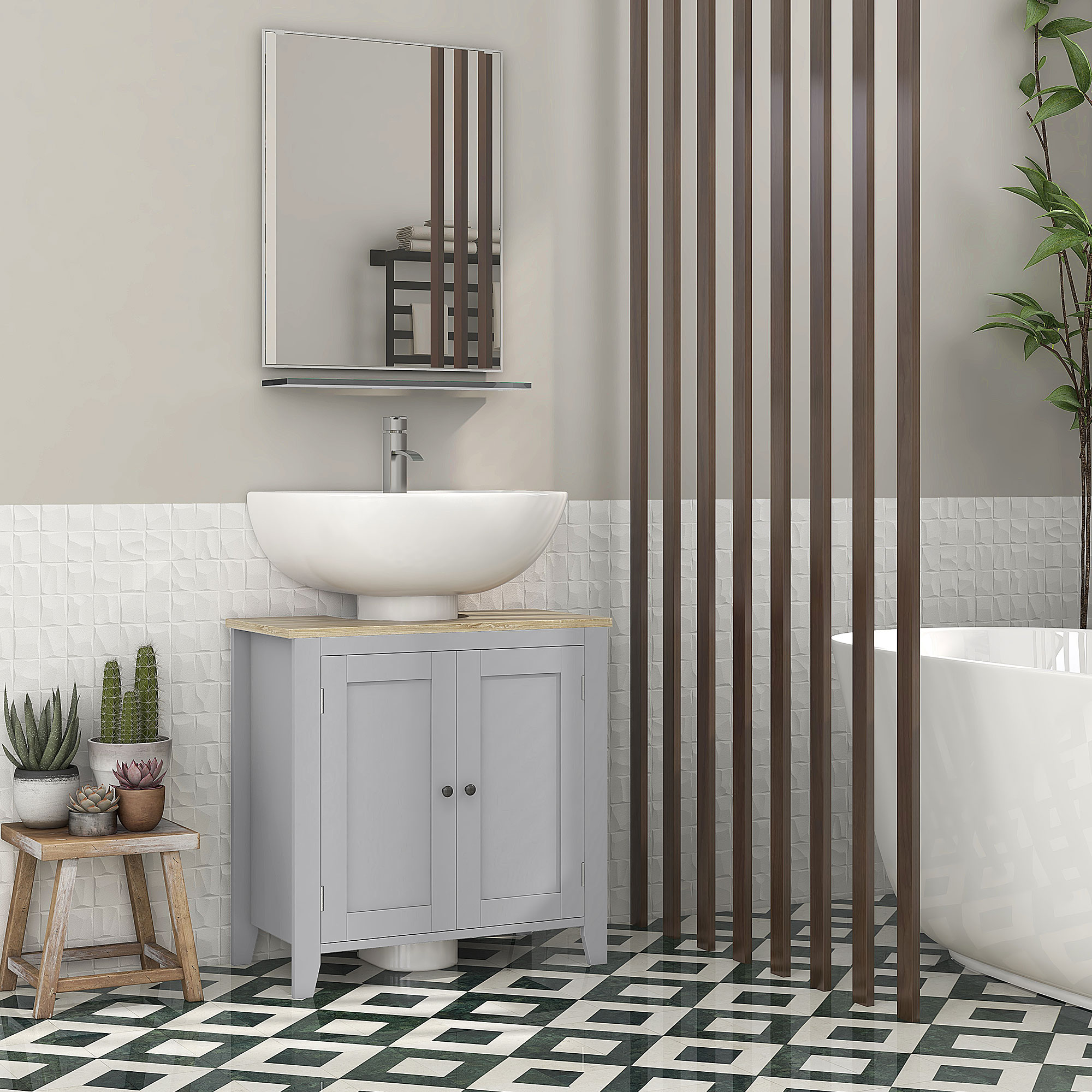 Vanité salle bain lavabo piédestal, découpe U, étagère ajustable