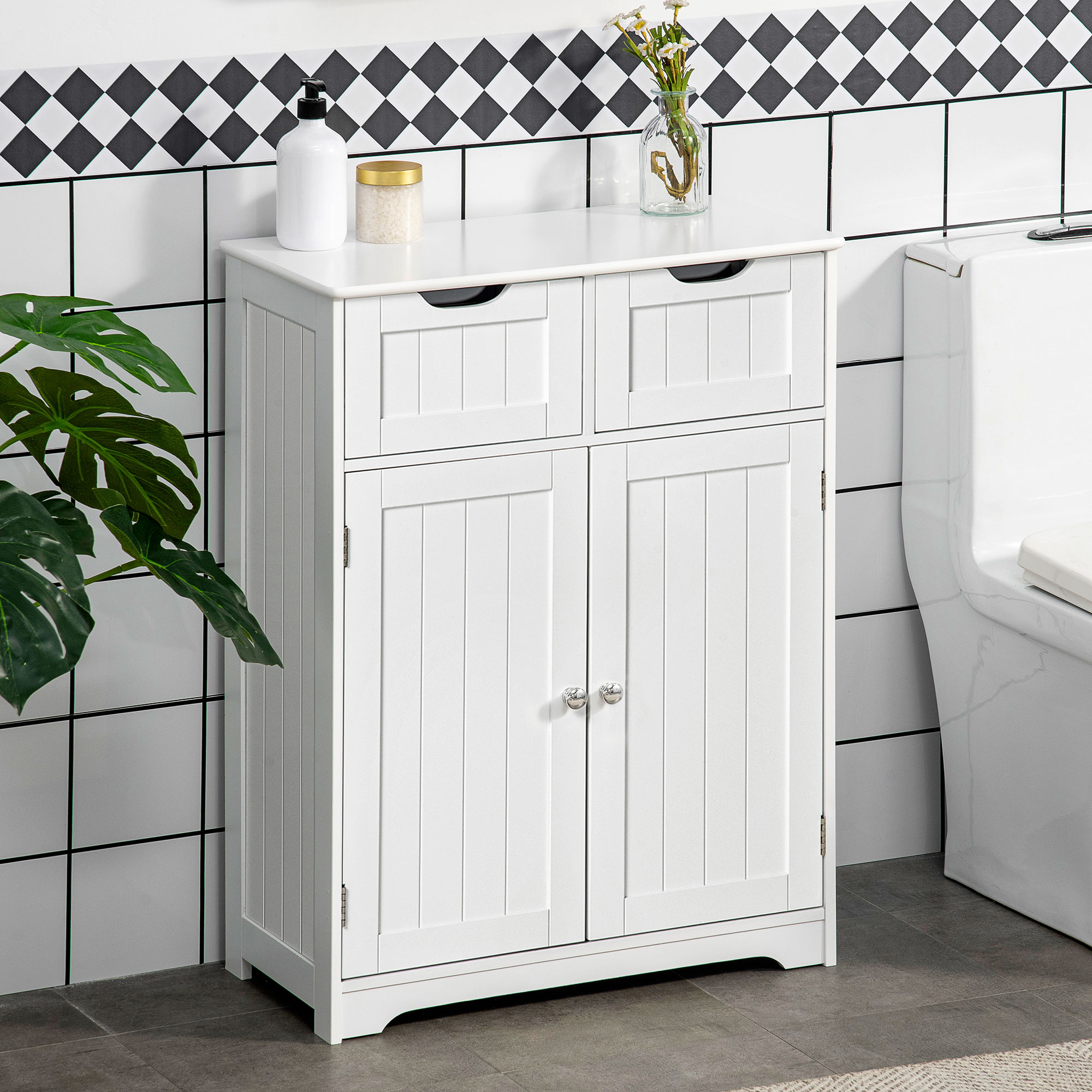 Meuble rangement salle bain, 2 tiroirs, tablette ajustable, blanc