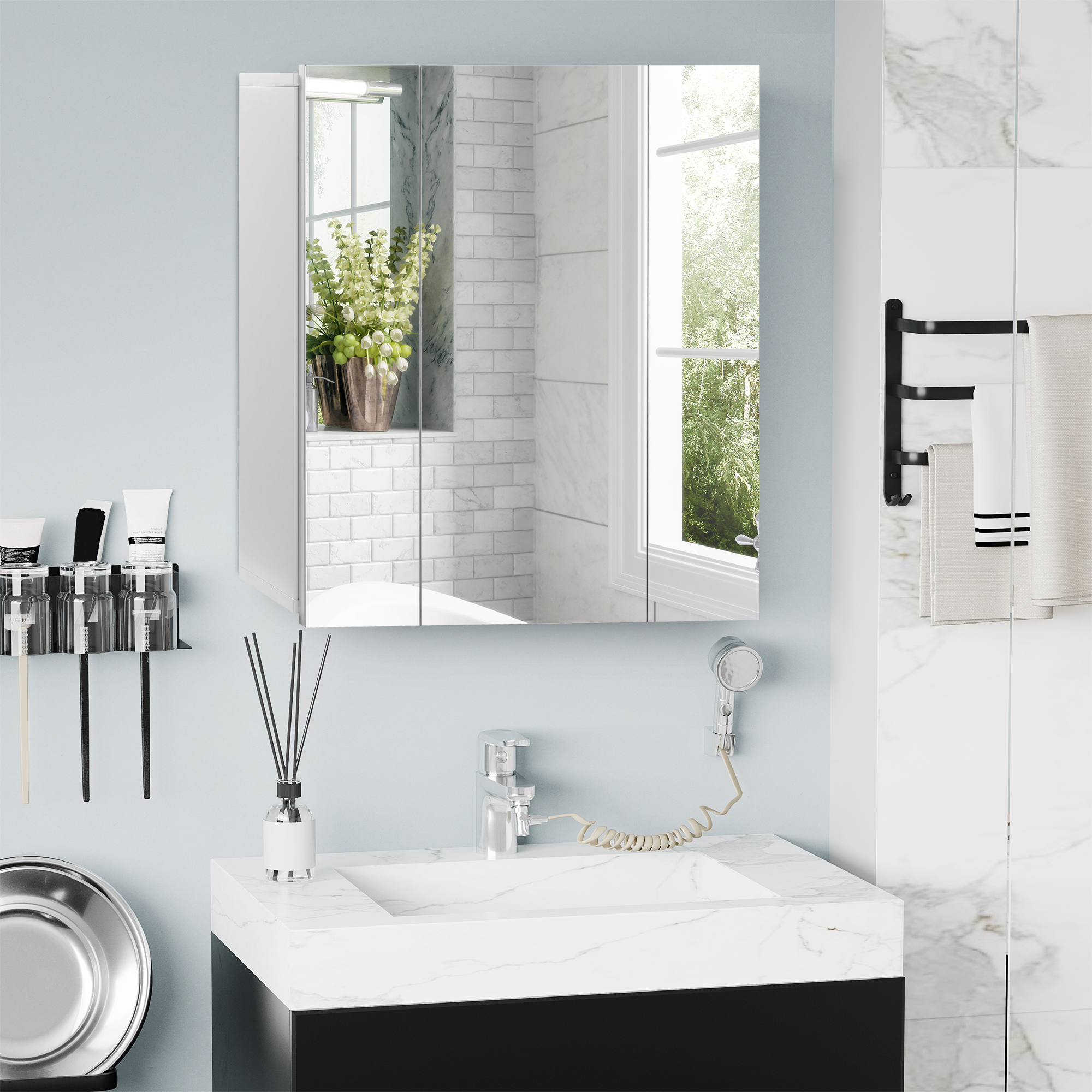 Meuble armoire miroir salle bain 3 portes tablettes ajustables blanc
