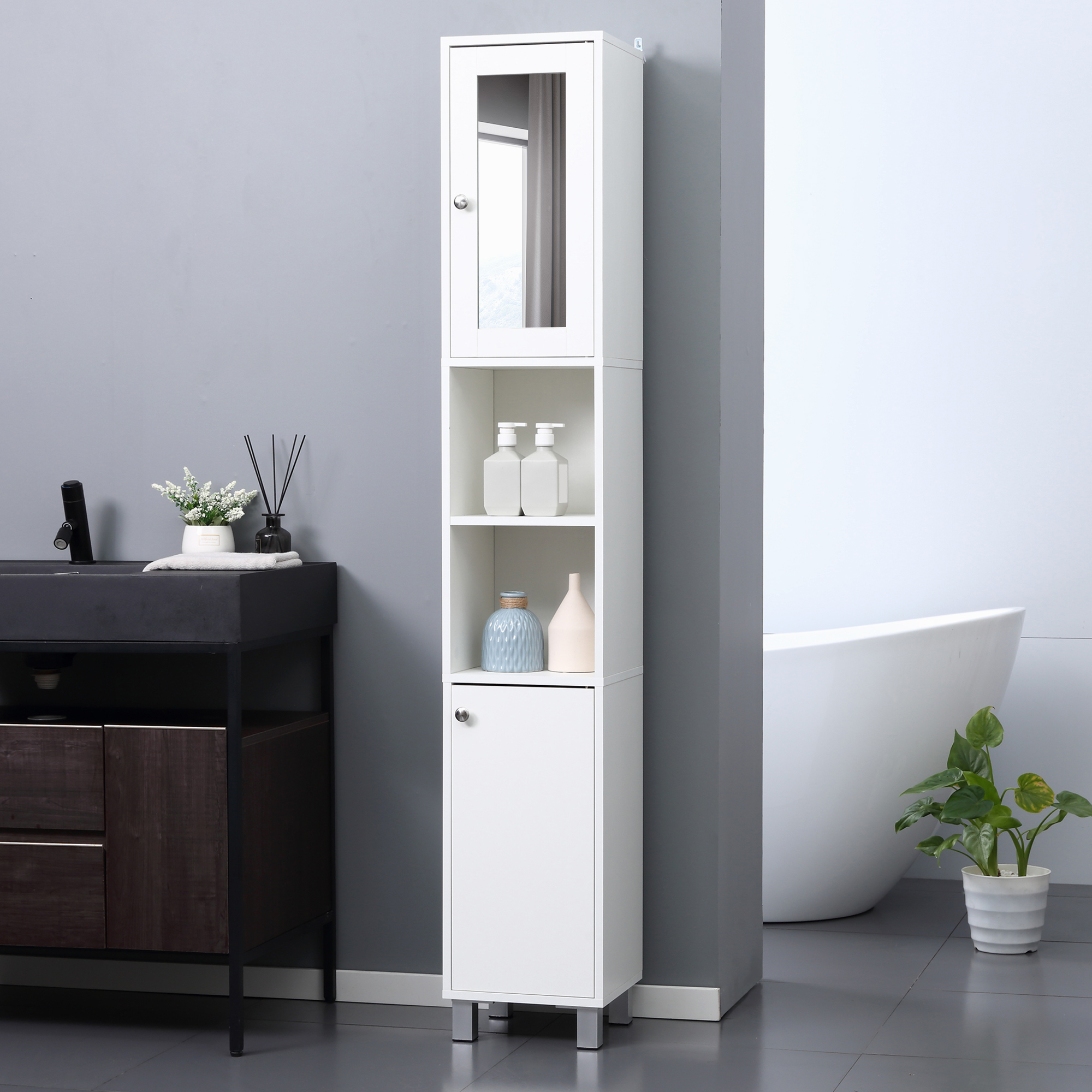 Armoire salle de bain miroir bois blanc, tour rangement tablettes ajustable