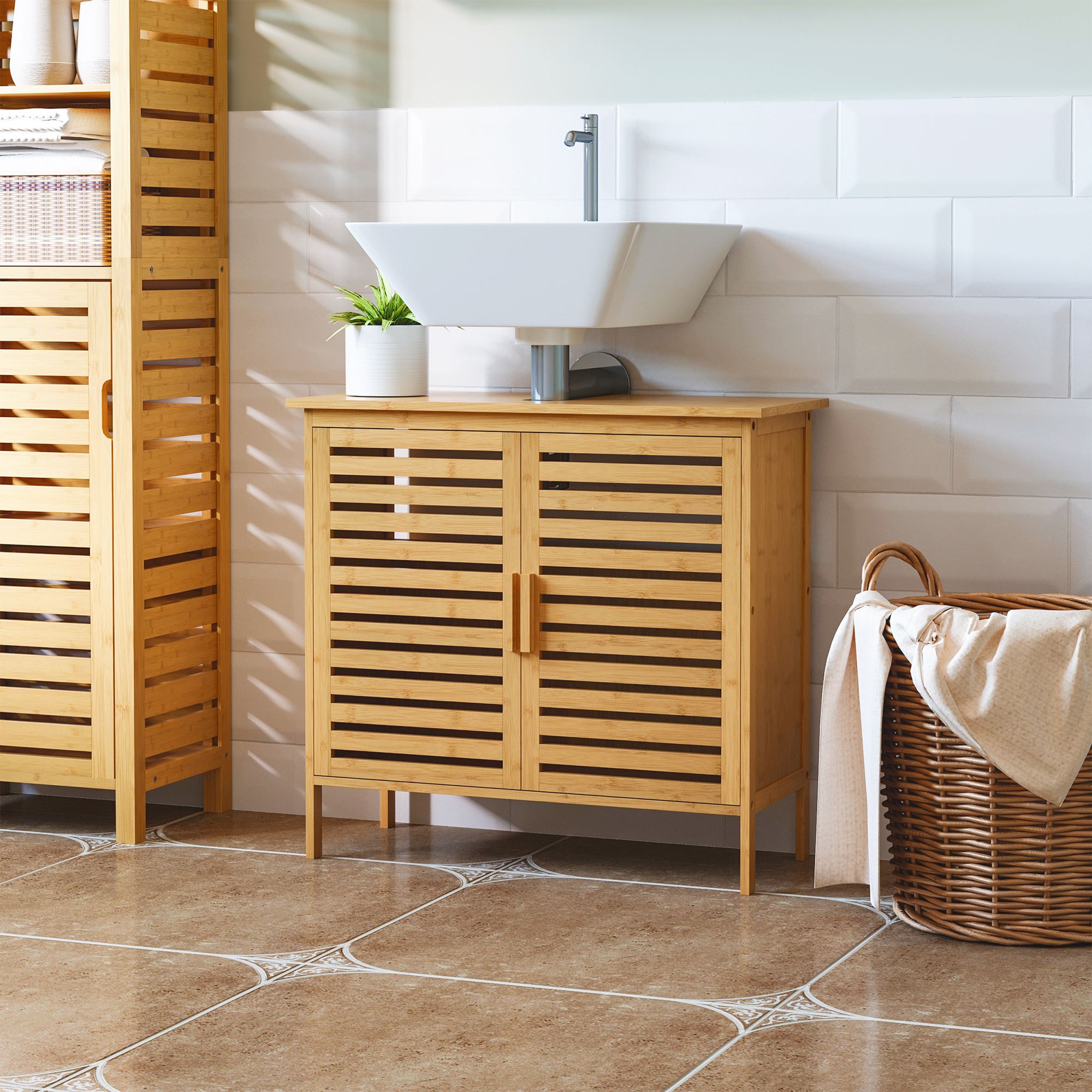Meuble lavabo bambou, 2 portes lames, organisateur, naturel
