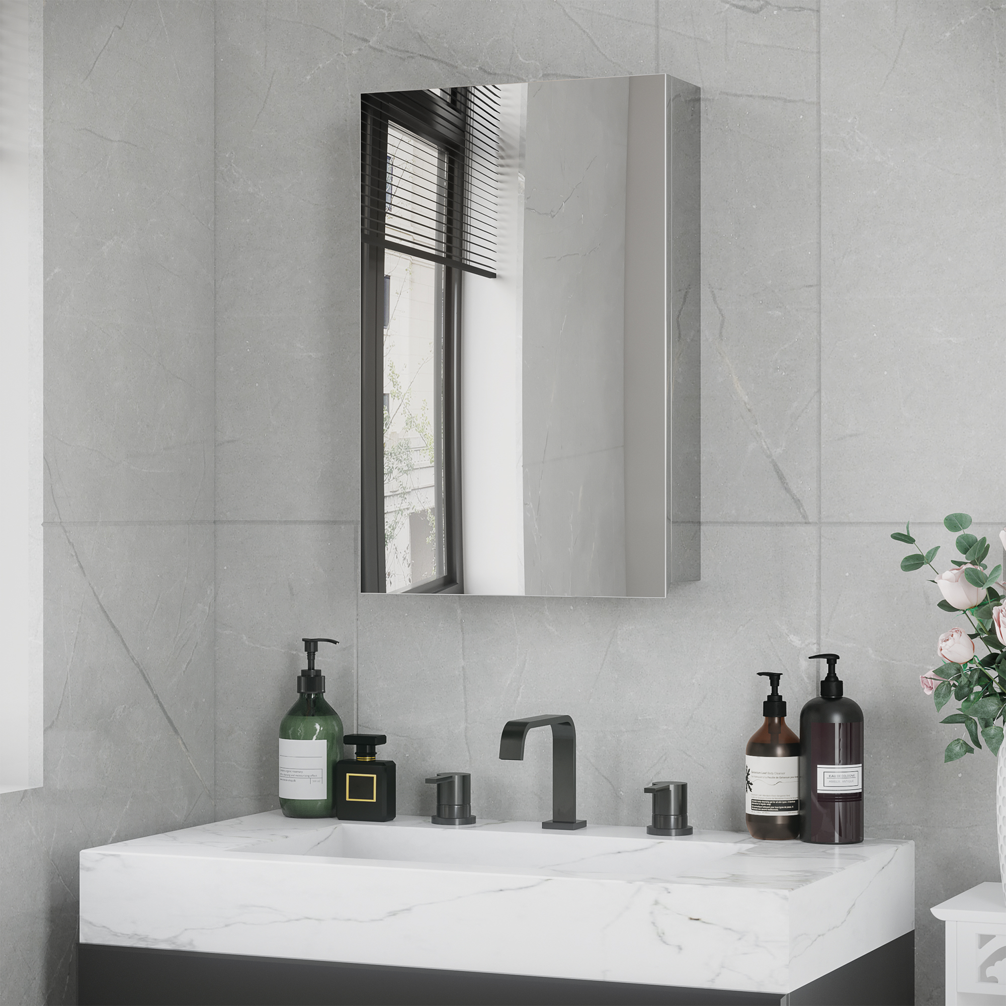 Cabinet armoire salle bain miroir porte 3 tablettes argent mural