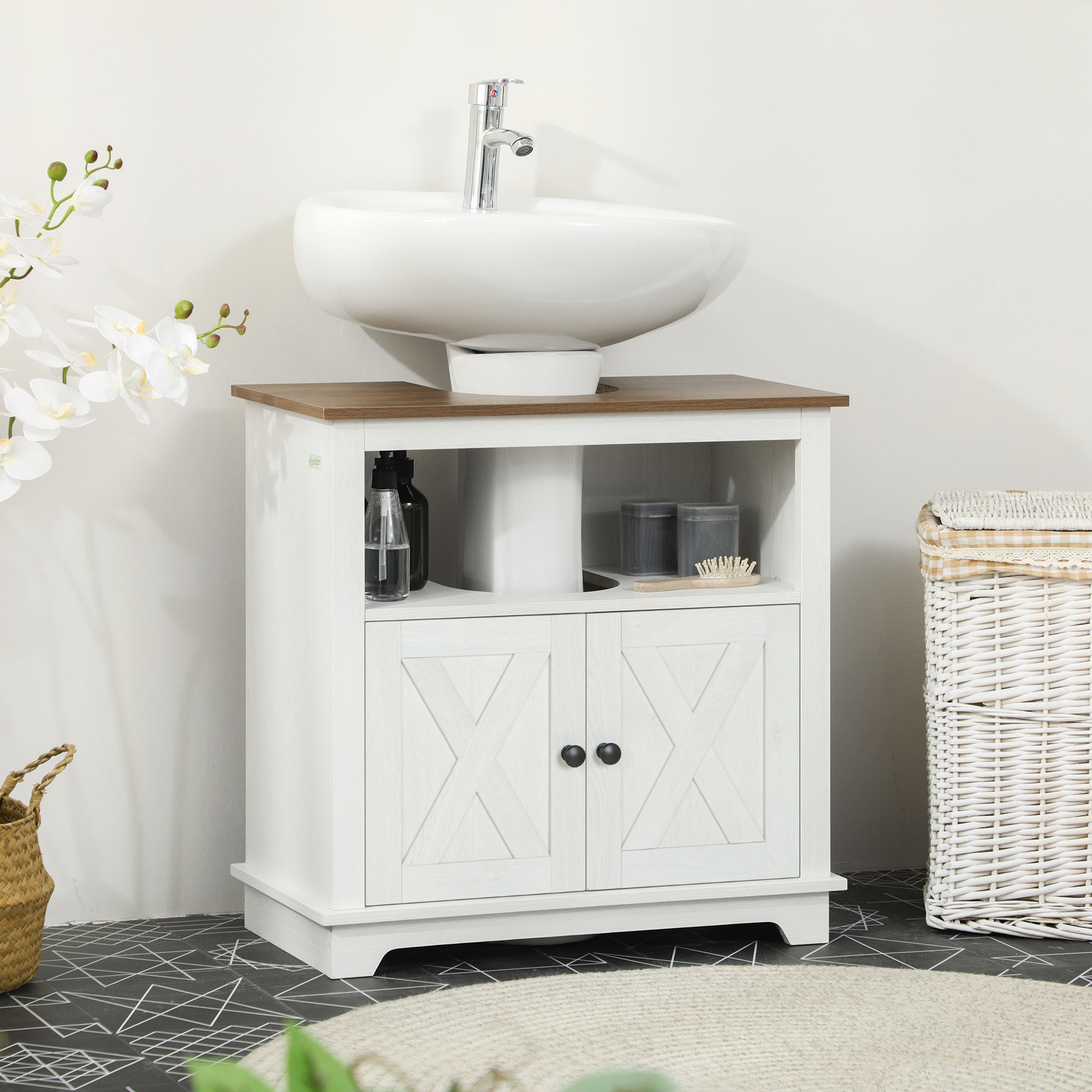 Meuble salle bain campagnard blanc, portes doubles, tablettes