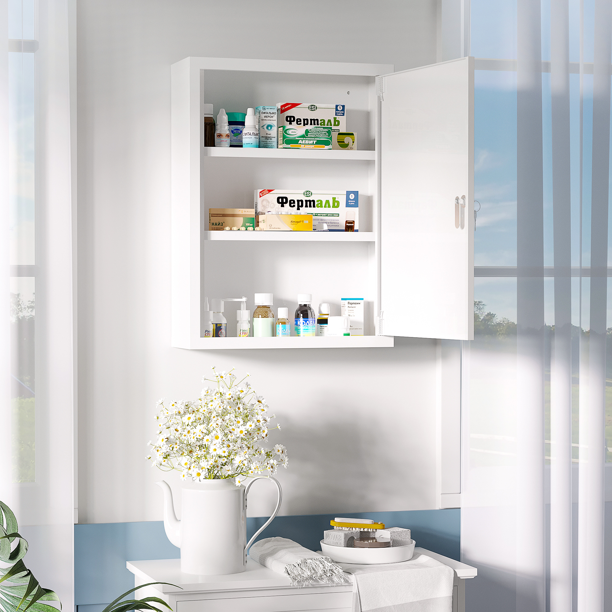 Pharmacie murale verrouillable 16po x 21po 3 étages blanc