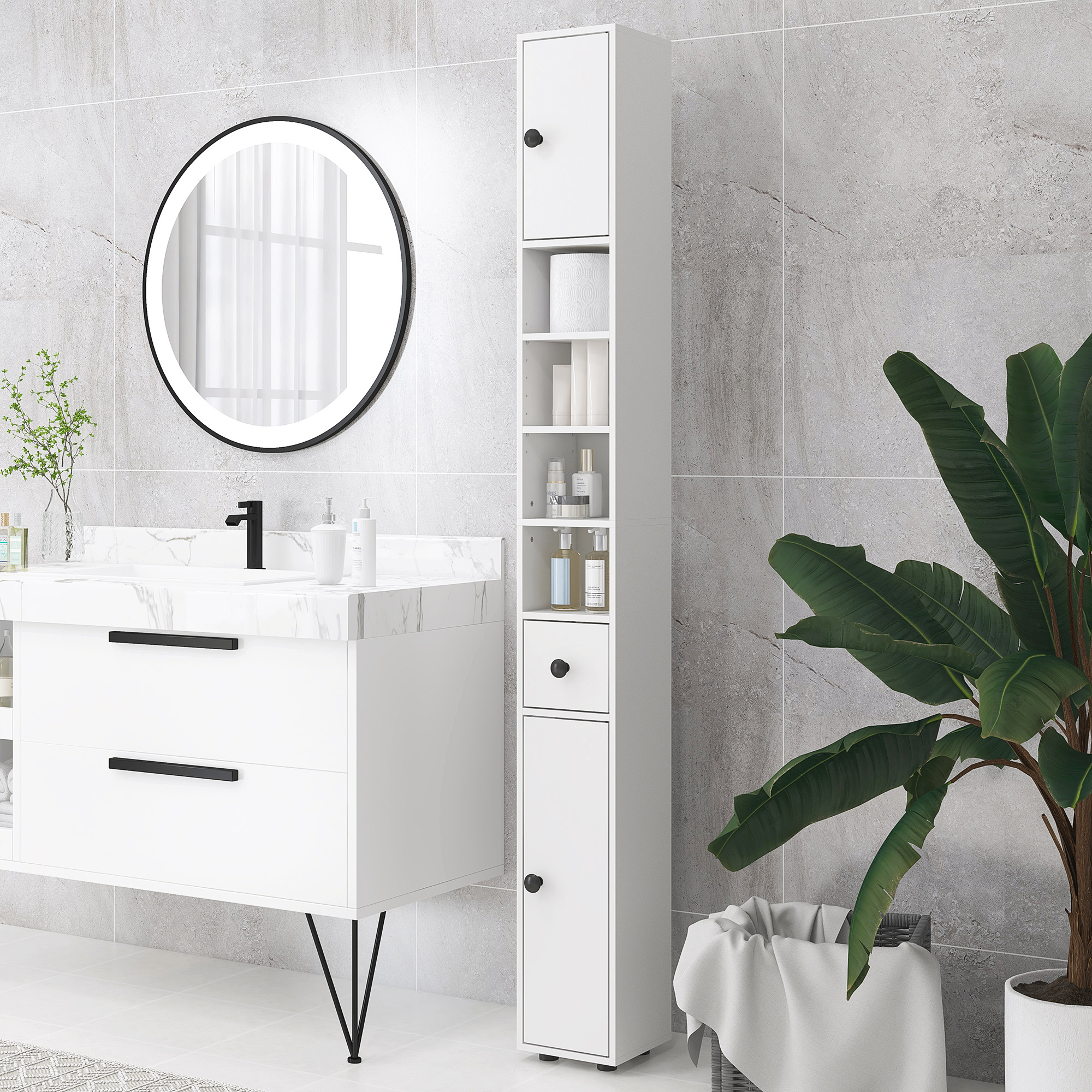 Meuble salle bain 71po étroit papier toilette blanc