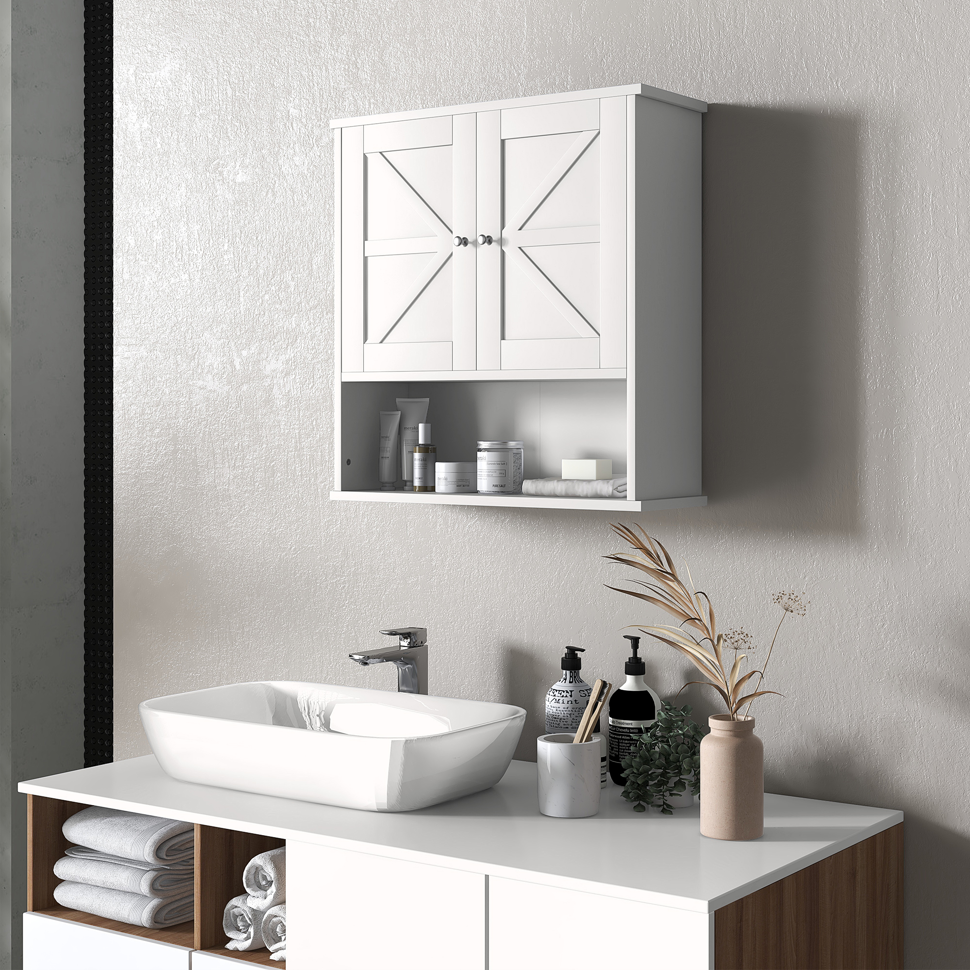 Armoire de salle de bain ferme, portes grange, tablette ajustable, blanc
