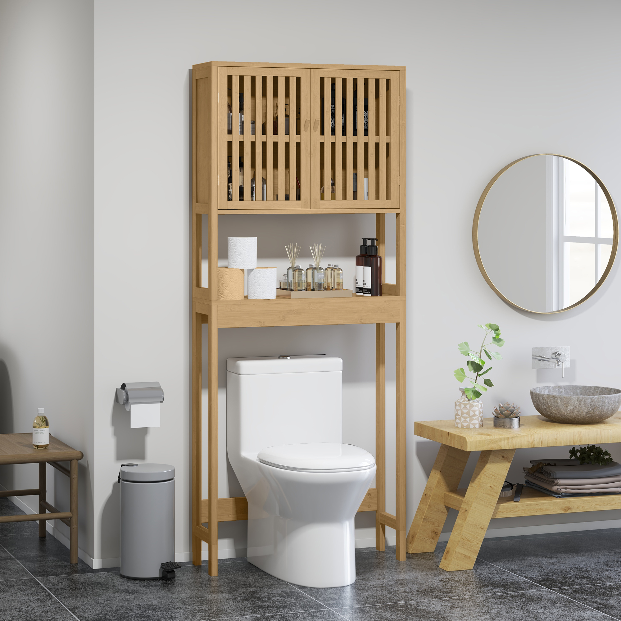 Armoire-toilette bambou, portes à lames, tablette ajustable